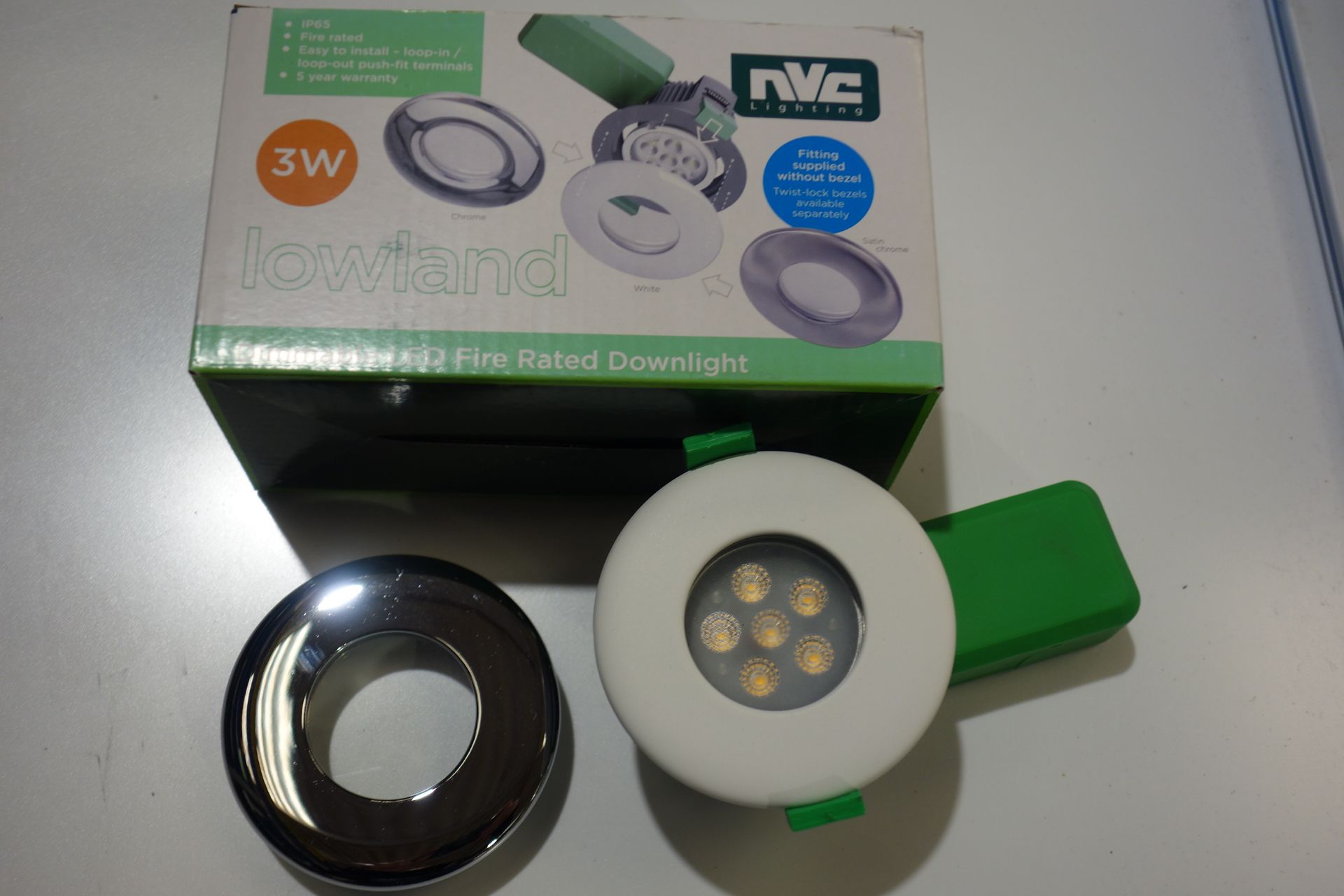 50x NVC NLW3|MD|830 3W LED Lowland Fire-Rated Downlights. Dimmable CLW Polsihed Chrome and White