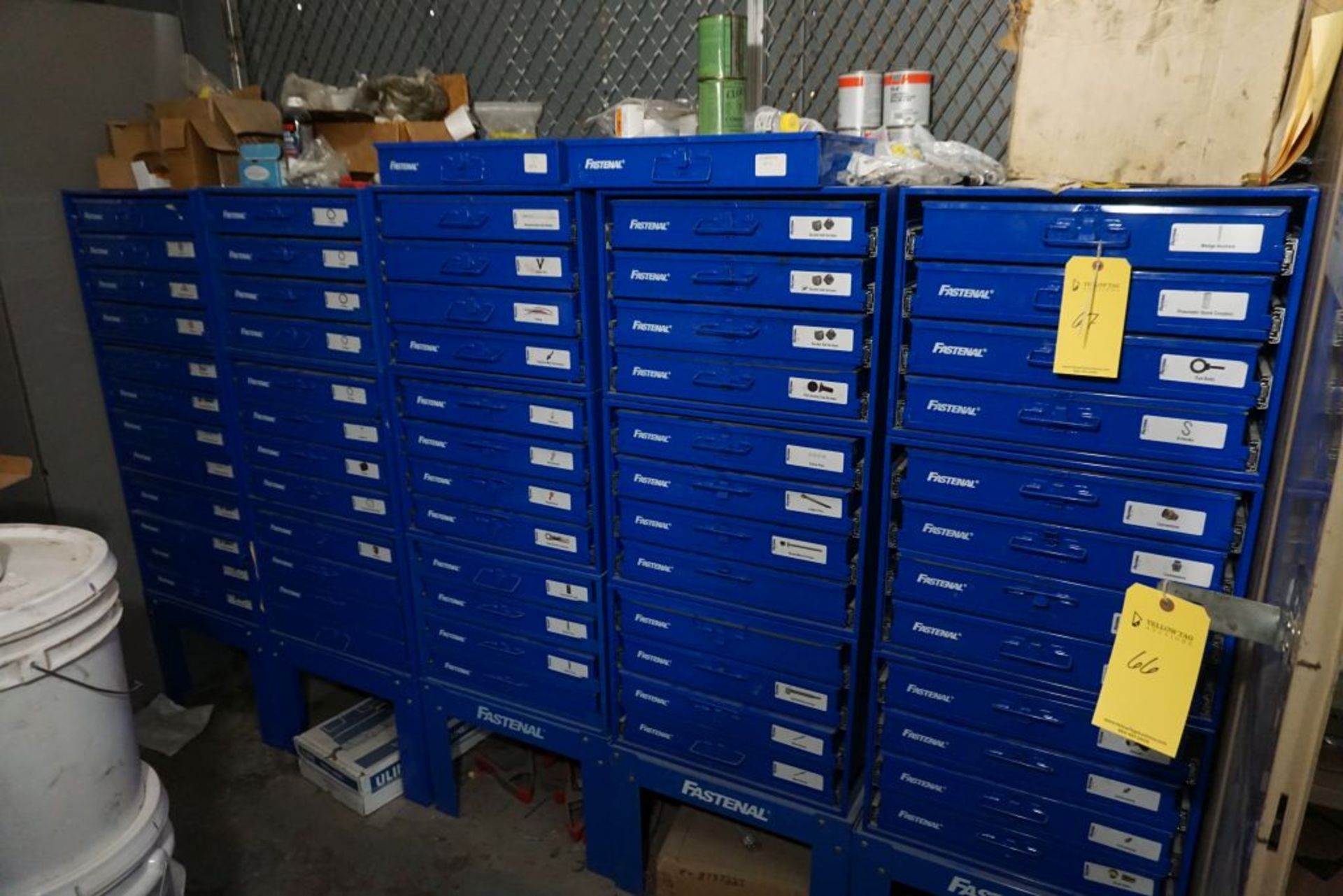 Lot of (5) Fastenal 12-Drawer Hardware Cabinets w/Contents