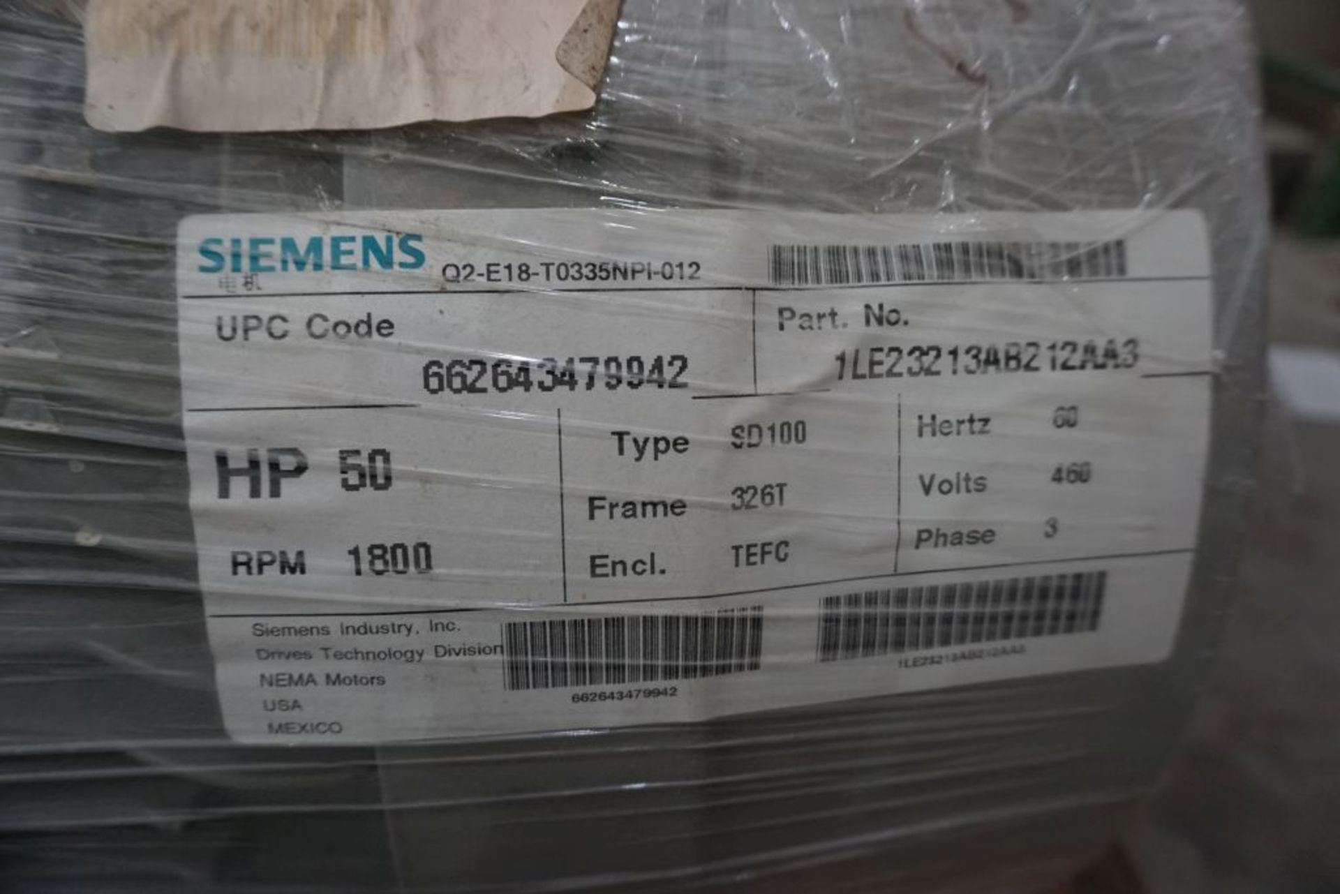 Siemens 50 HP Motor | Cat No. Q2 E18 T03J5NPI-012; 460V; 1800 RPM; Frame: 326T - Image 3 of 3