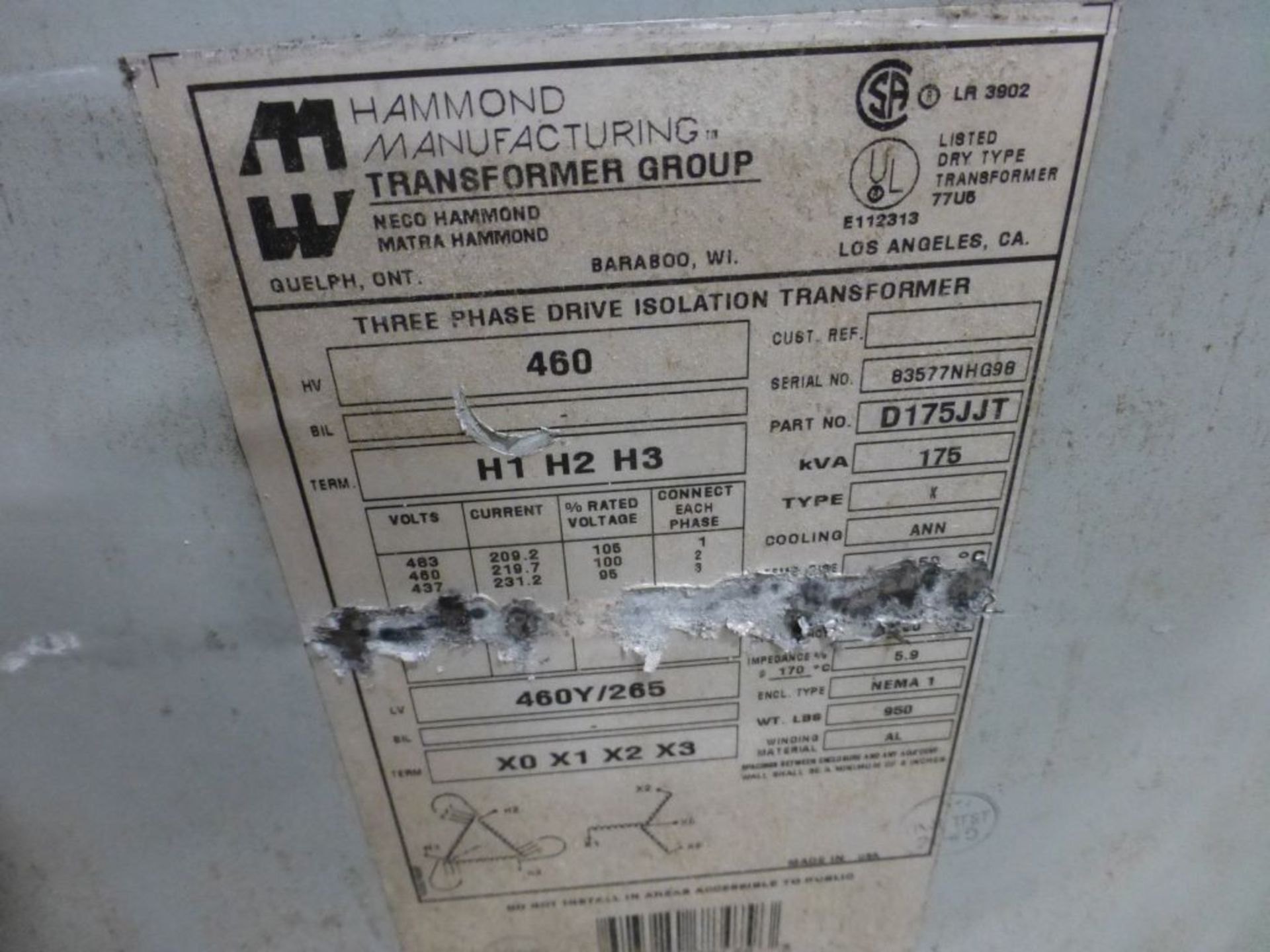 Hammond Manufacturing Transformer | Part No. D175JJT; Type: X; 175 KVA; High Voltage: 460V; Low - Image 5 of 5