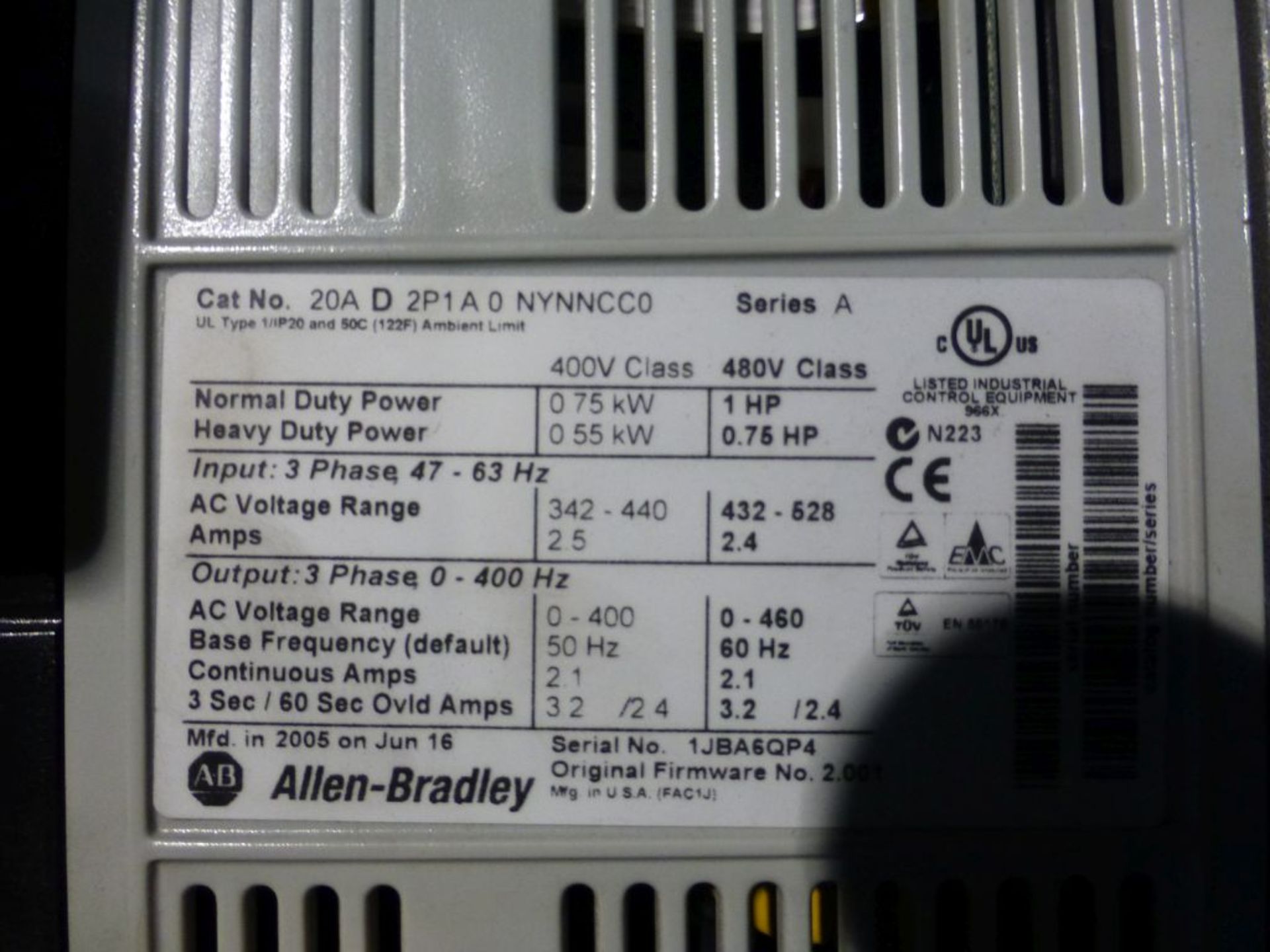 Lot of (4) Allen Bradley Powerflex 70 Drives | (1) Cat No. 20AD2P1A0NYNNCC0; (3) Cat No. - Image 5 of 5