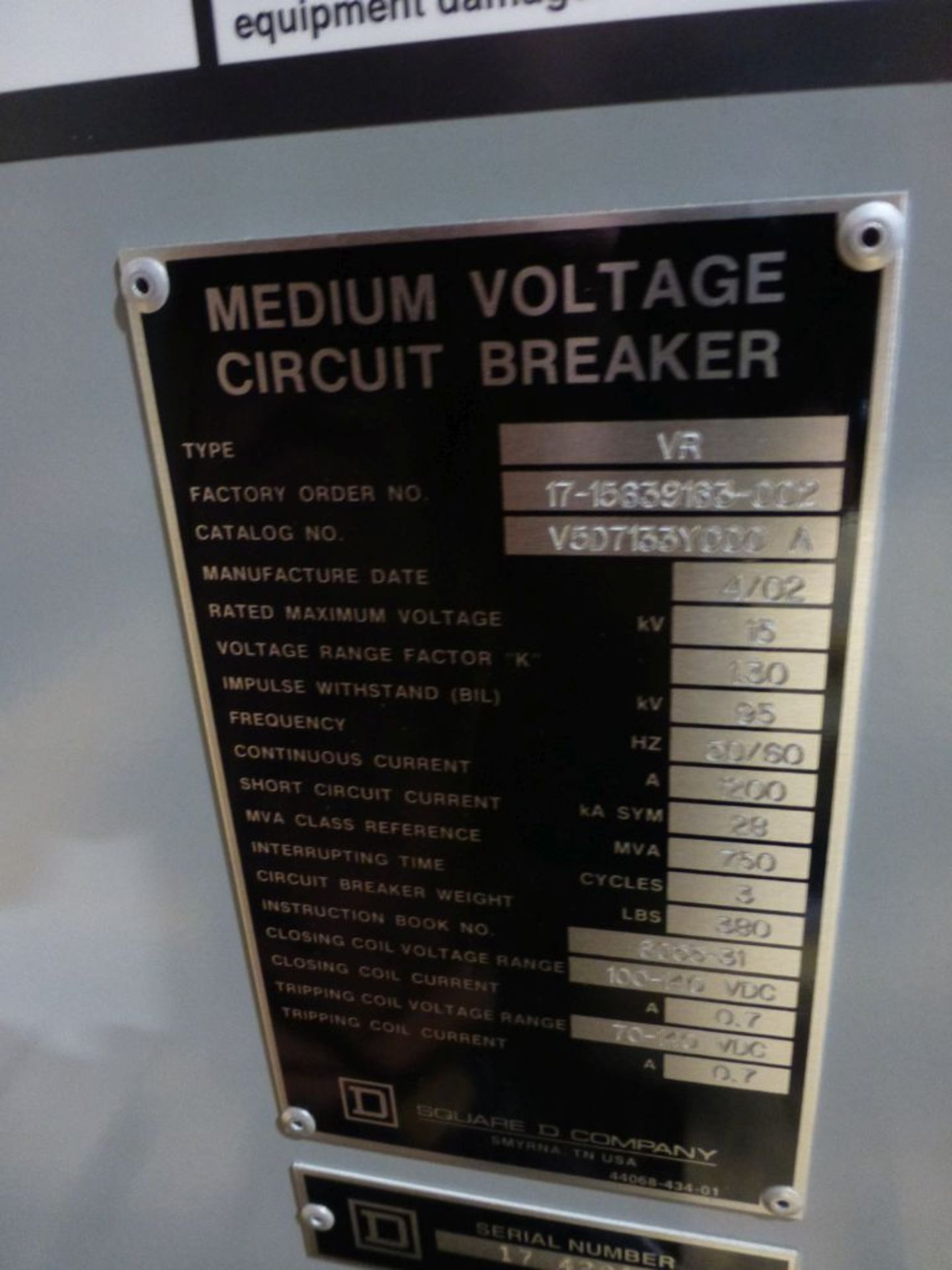 Square D Medium Voltage Circuit Breaker | Cat No. V5D71337000A; Type: VR; 100-140V; Continuous - Image 9 of 9