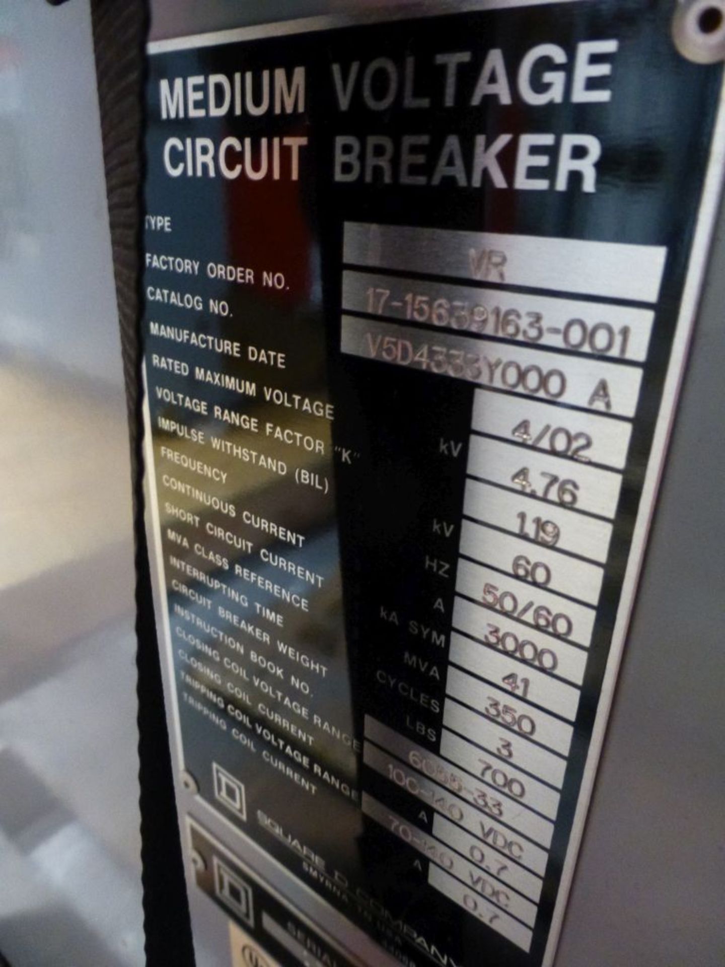 Square D Med Voltage Circuit Breaker | Cat No. V5D4333Y000A; 3000A; 100-140 VDC; Mfg: 2002 - Image 11 of 11