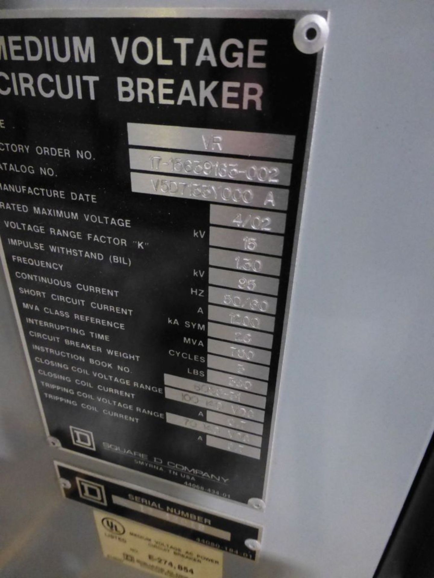 Square D Medium Voltage Circuit Breaker | Cat No. V5D71337000A; Type: VR; 100-140V; Continuous - Image 9 of 9