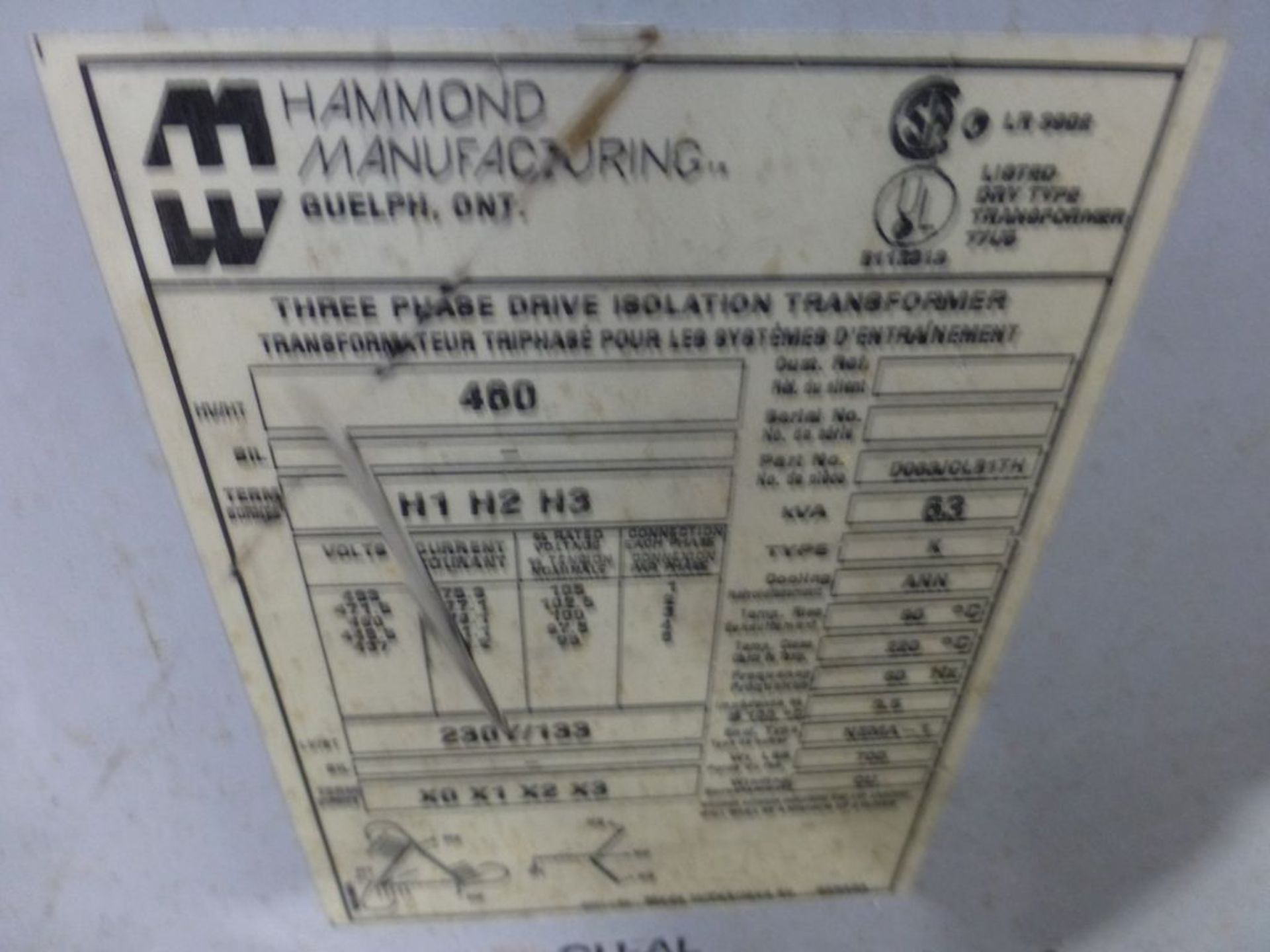 Hammond Manufacturing Transformer | Part No. D063JCLB1TH; Type: K; 63 KVA; High Voltage: 460V; Low - Image 5 of 6