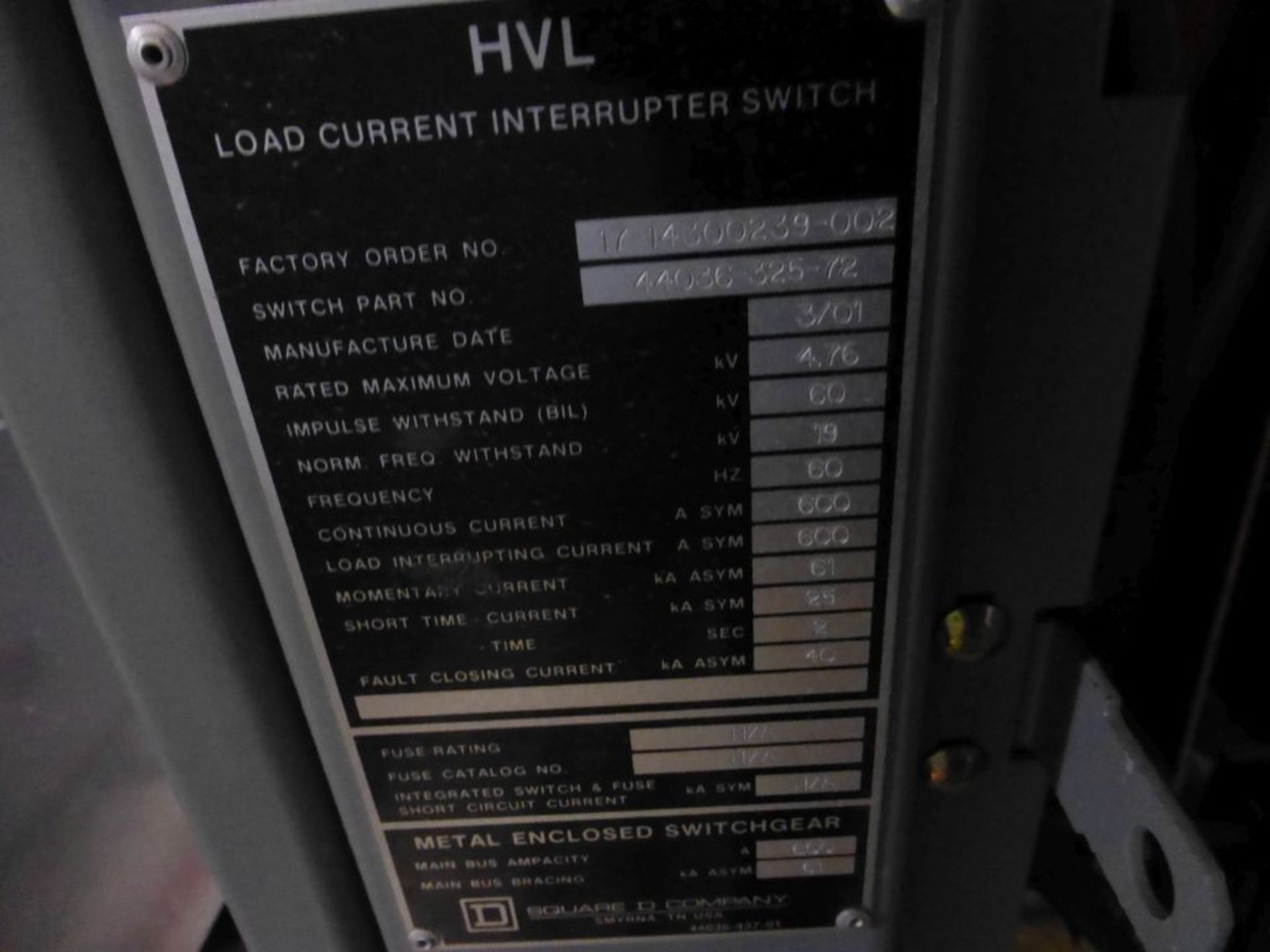 Square D HVL Switch | Part No. 44036-325-72; Mfg: 3/01; 600A; 4.76 KV - Image 4 of 4