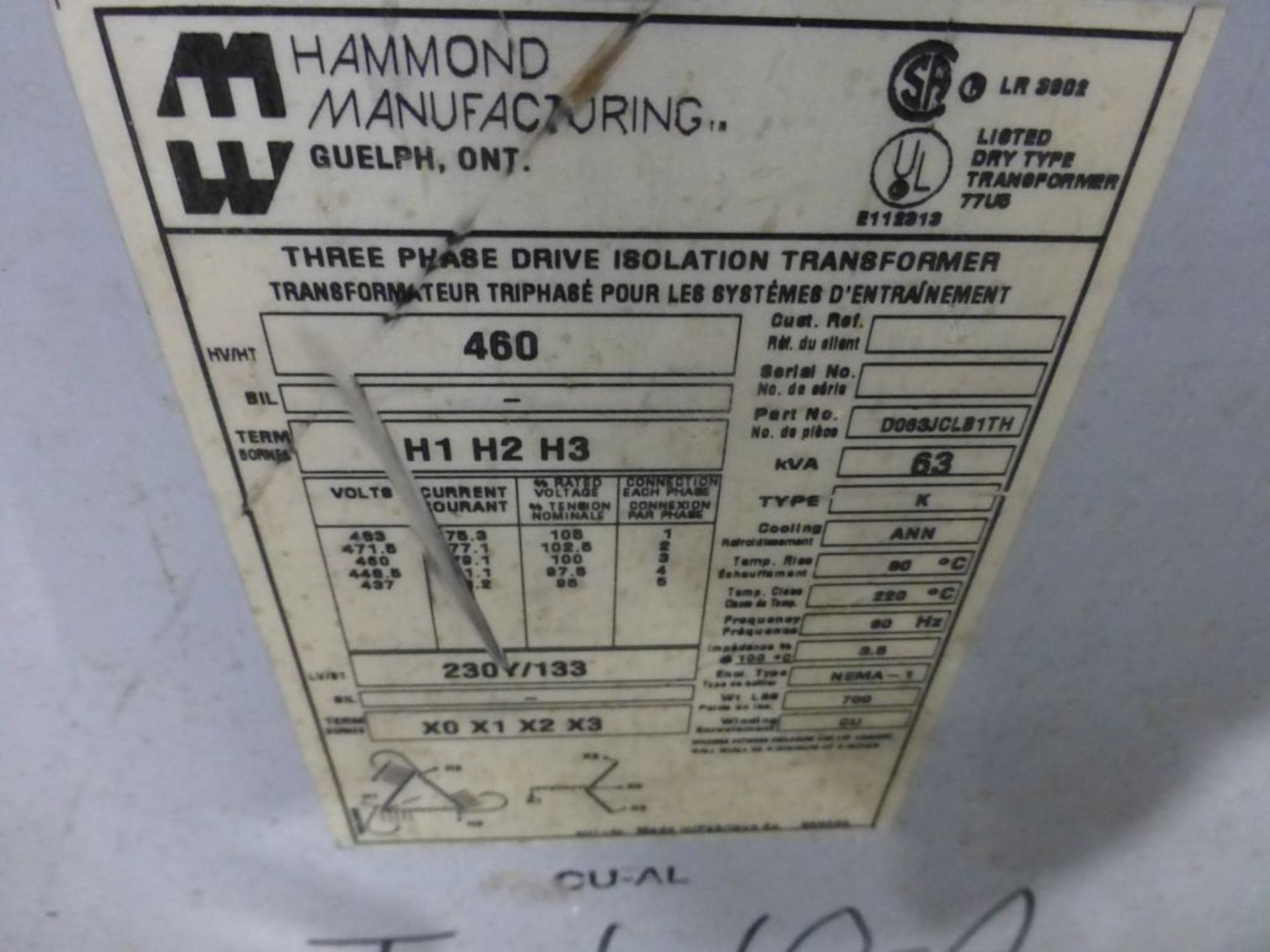 Hammond Manufacturing Transformer | Part No. D063JCLB1TH; Type: K; 63 KVA; High Voltage: 460V; Low - Image 6 of 6