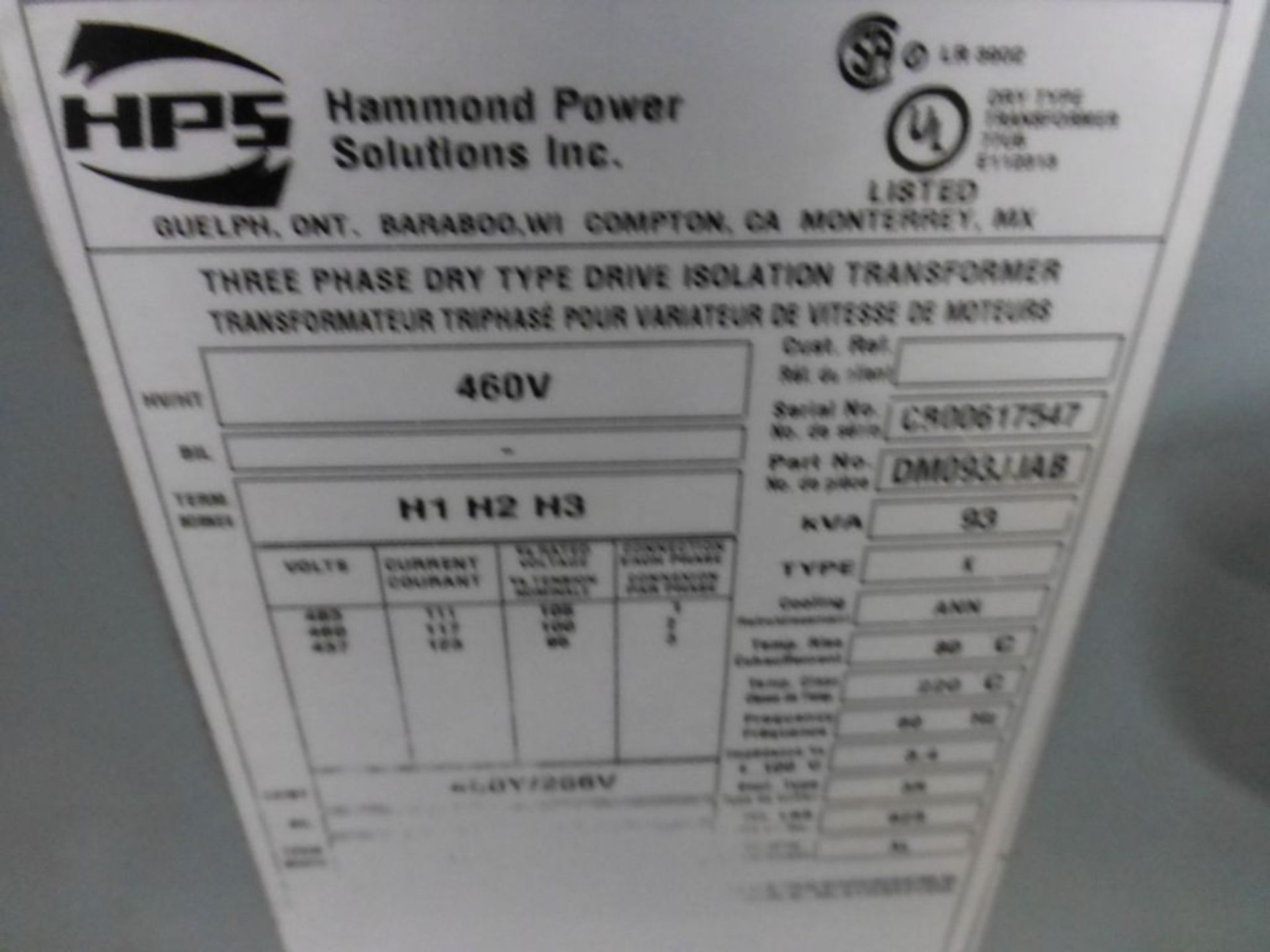Hammond Power Solutions Transformer | Part No. DM093JJAB; Type: K; 93 KVA; High Voltage: 460V; Low - Image 4 of 5