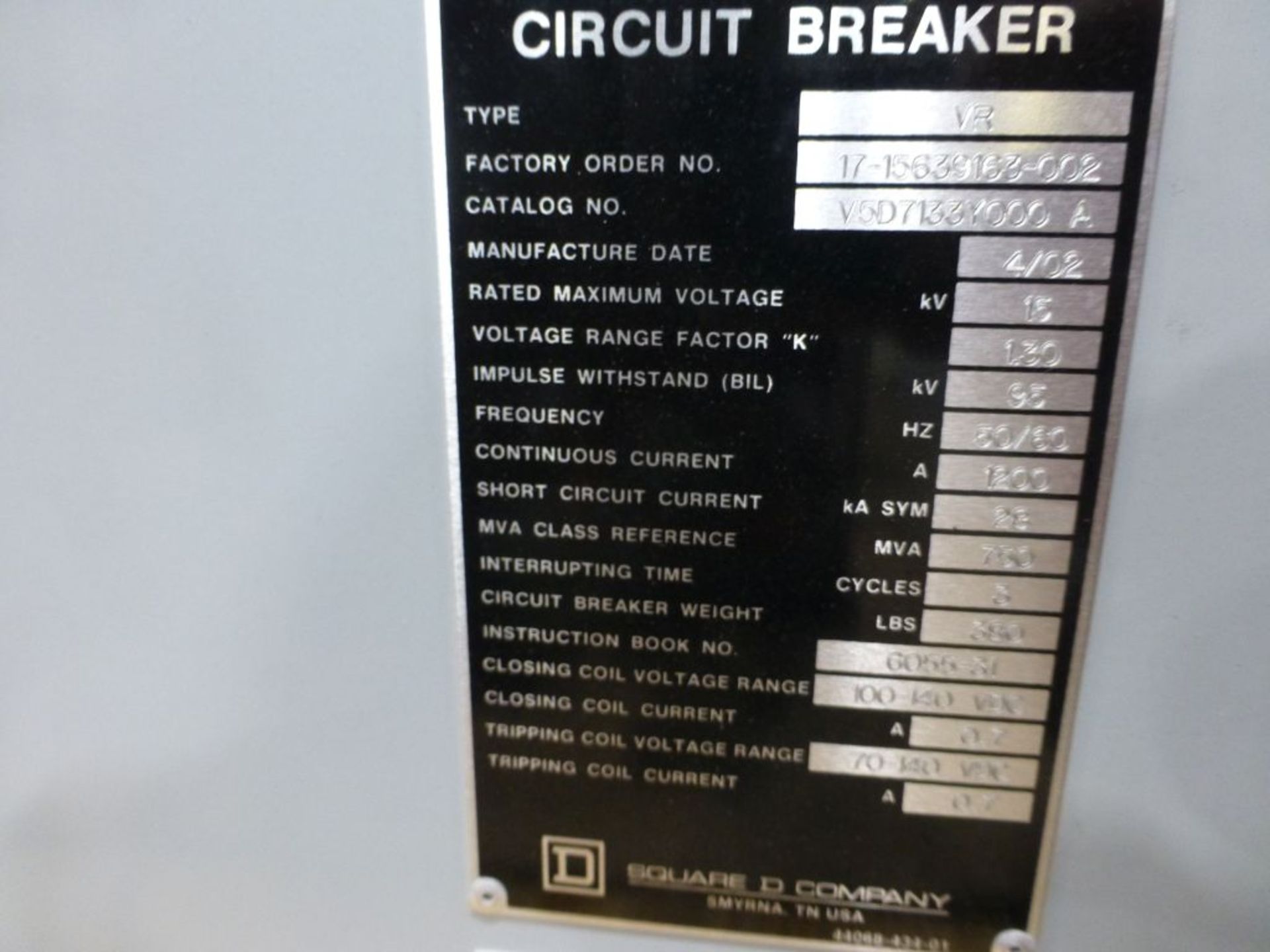 Square D Medium Voltage Circuit Breaker | Cat No. V5D71337000A; Type: VR; 100-140V; Continuous - Image 9 of 11