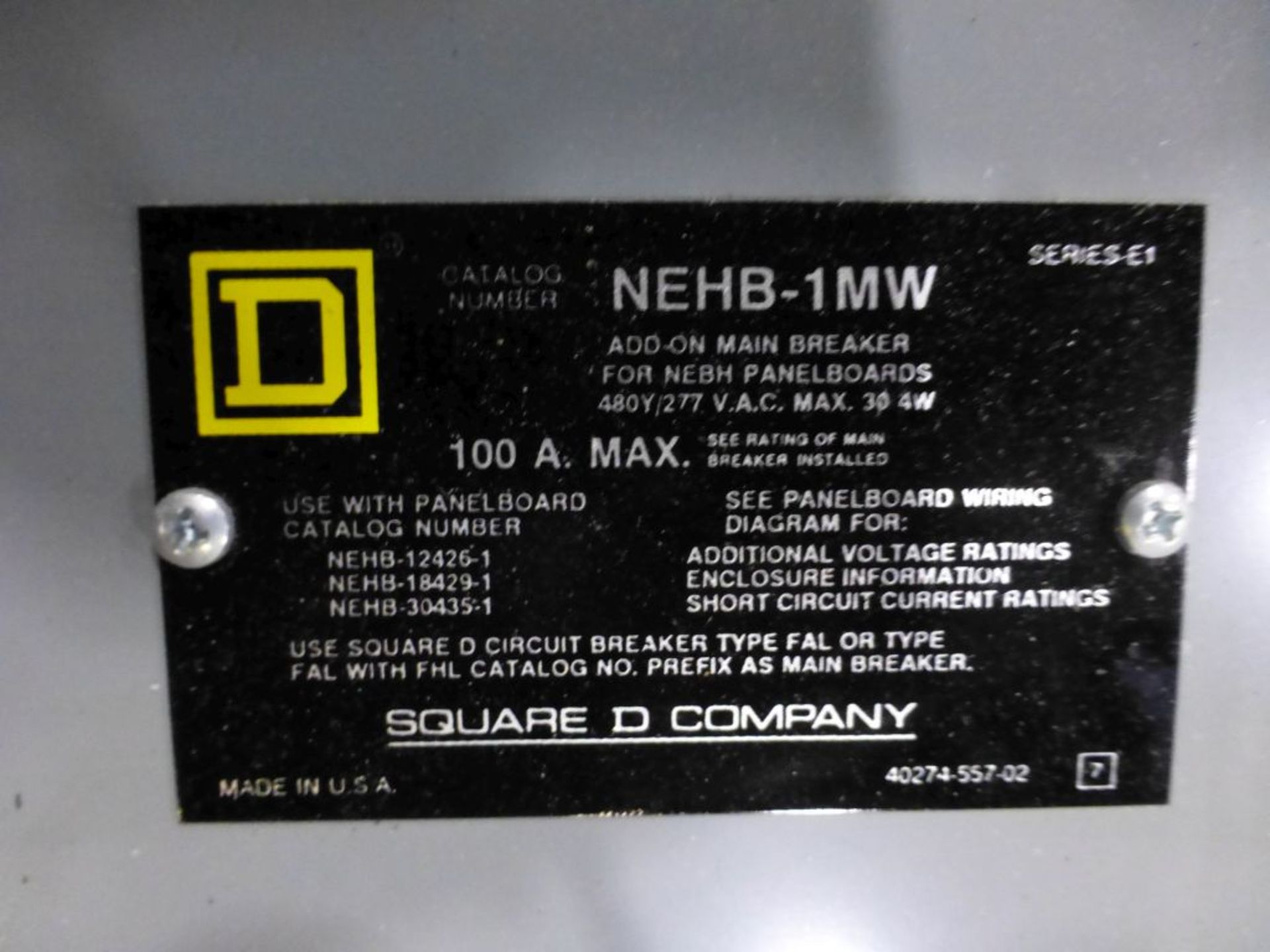 Lot of (2) Square D Panel Boxes | Cat No. NEHB-1MW; 100A Max; 480/277 VAC - Image 10 of 12
