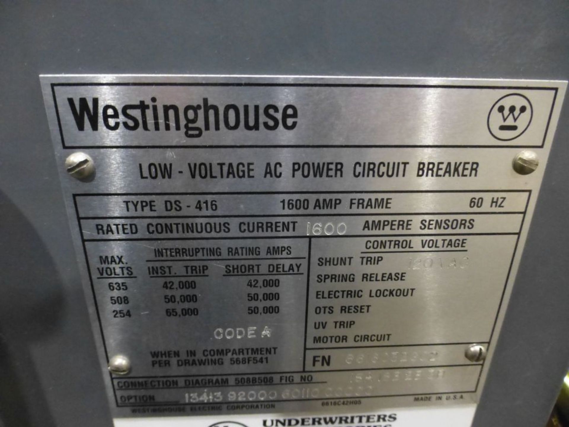 Westinghouse Low Voltage Circuit Breaker | Type: DS-416; Cat No. FN 6616132G02; 1600A; 120 VAC; 3P - Image 7 of 7