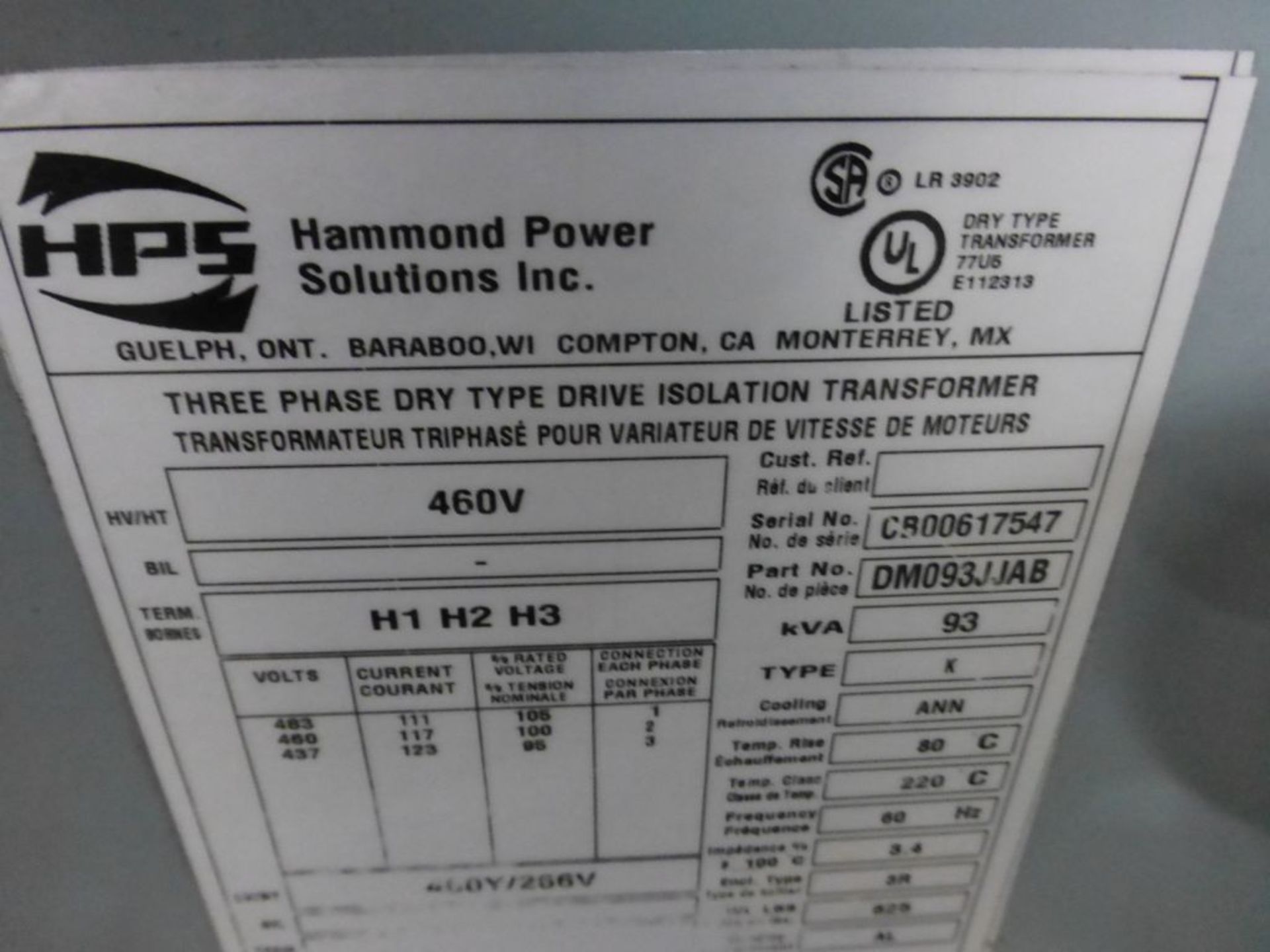 Hammond Power Solutions Transformer | Part No. DM093JJAB; Type: K; 93 KVA; High Voltage: 460V; Low - Image 5 of 5