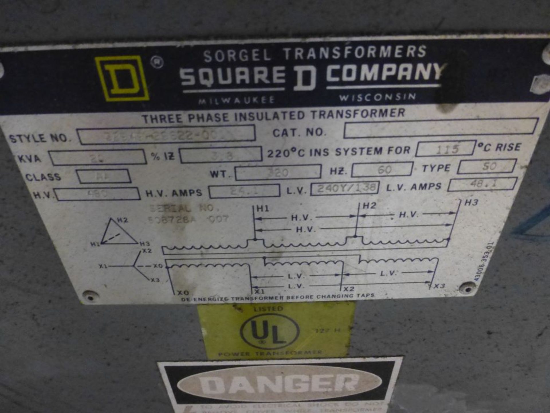 Square D Co. Isolated Transformer | Style No. 32949-29622-001; 20 KVA; Type: 50; High Voltage: 480V; - Image 4 of 4