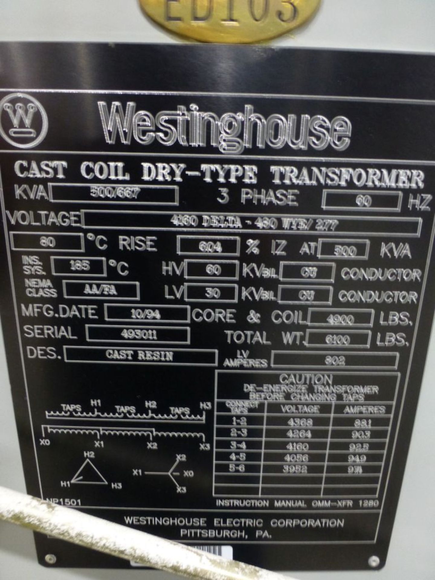 Westinghouse Cast Coil Dry Type Transformer | 500/667 KVA, High Voltage: 60 KV biL Cu Conductor, Low - Image 8 of 16