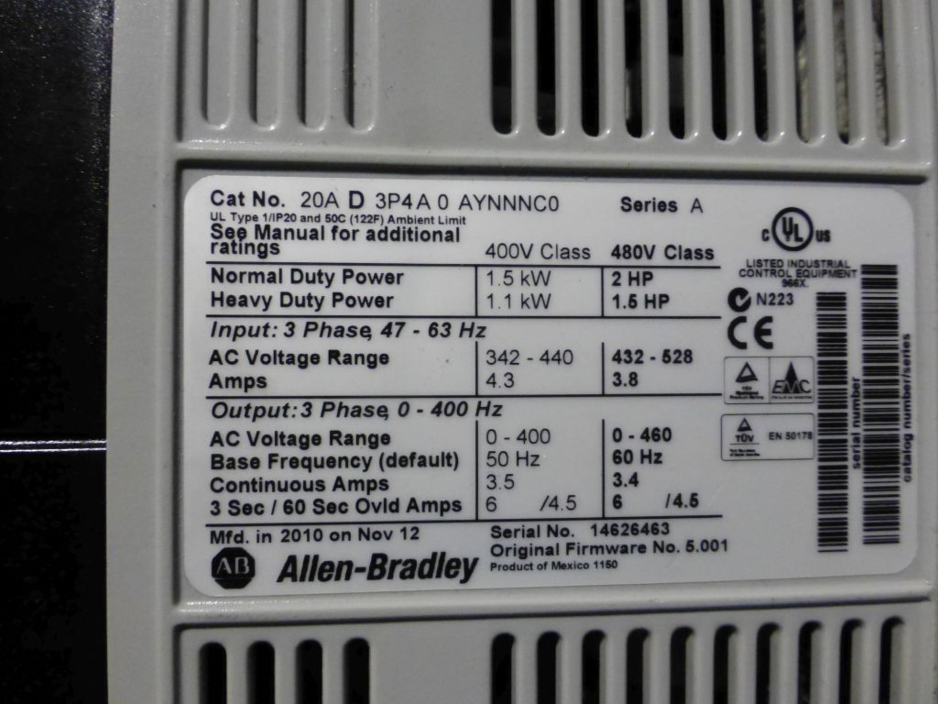 Lot of (4) Allen Bradley Powerflex 70 Drives | Cat No. 20AD3P4A0AYNNNC0; 2 HP; 480V - Image 5 of 5