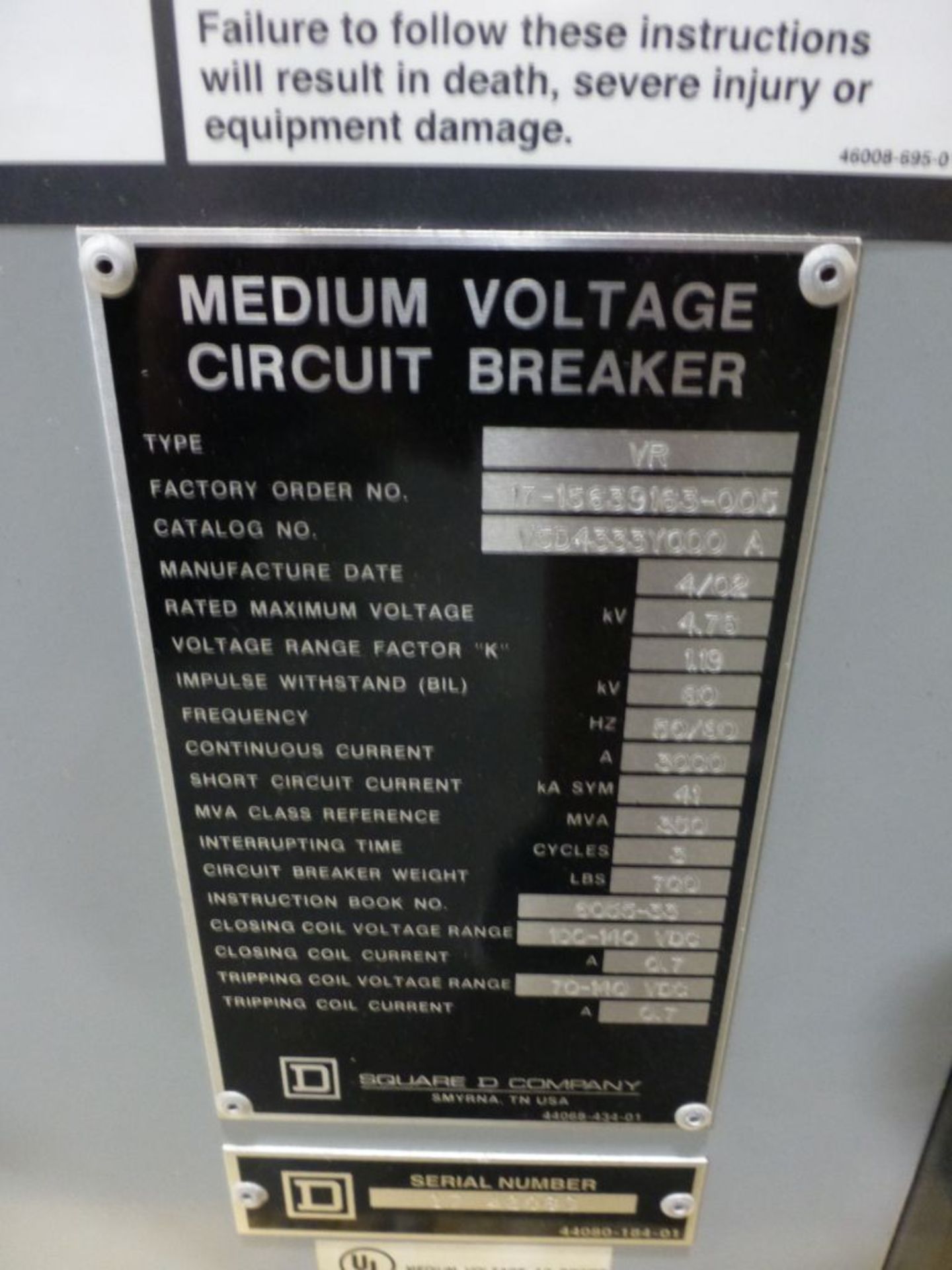 Square D Medium Voltage Circuit Breaker | Cat No. V5D4333Y000A; Type: VR; 100-140V; Continuous - Image 8 of 9