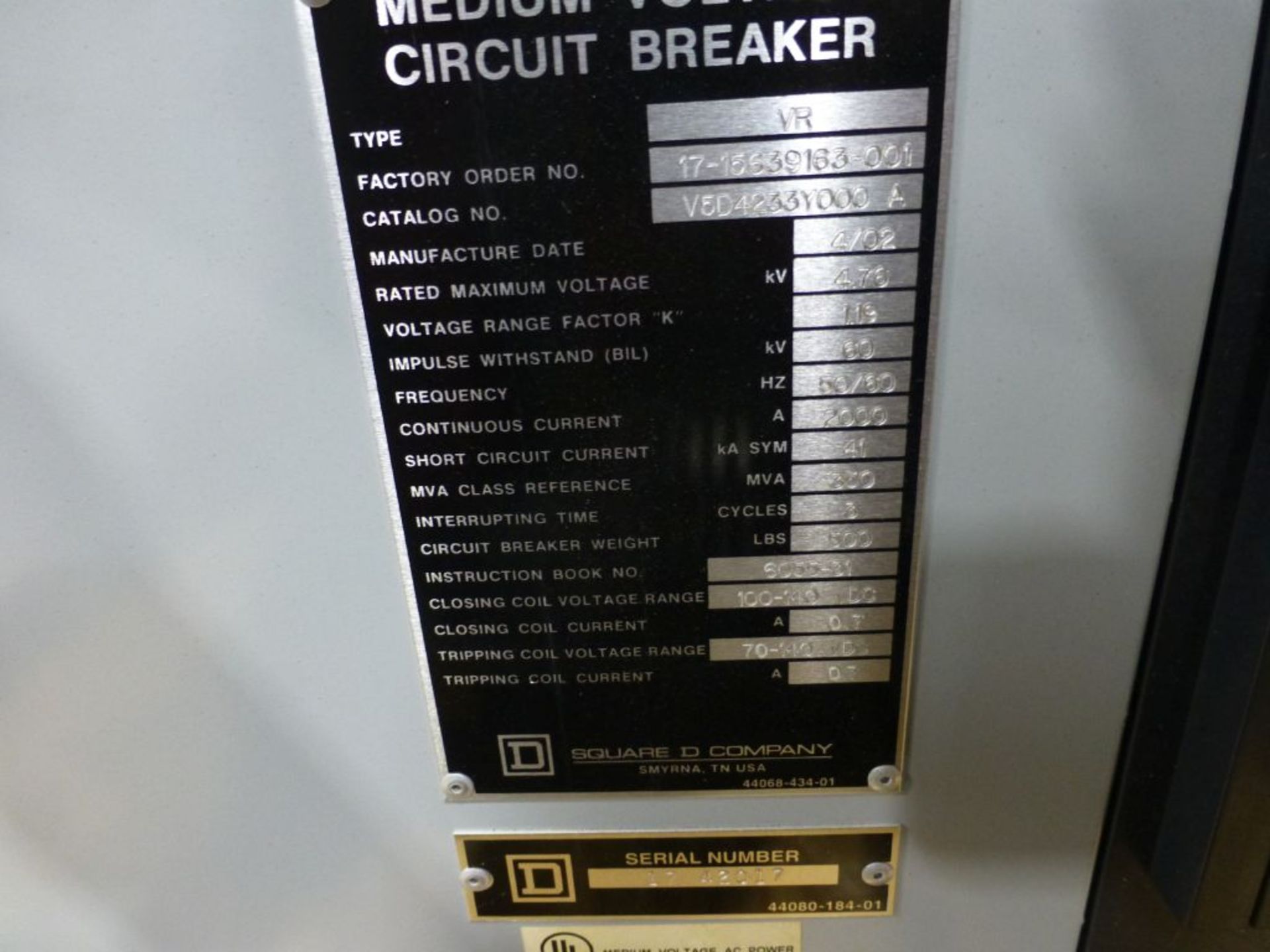 Square D Medium Voltage Circuit Breaker | Cat No. V5D4233Y000A; Type: VP; 100-140V; Continuous - Image 9 of 9