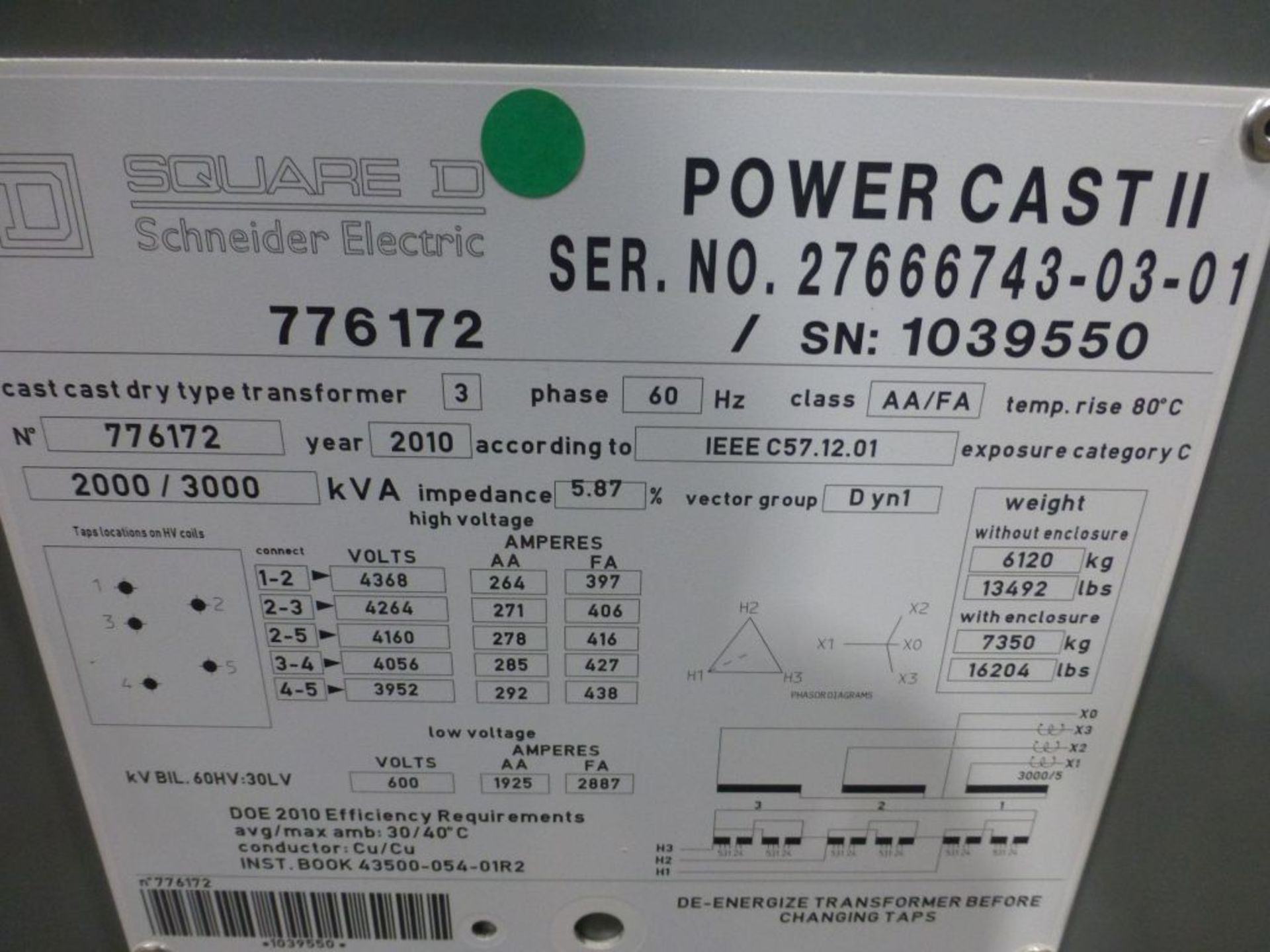 Square D Power Cast II Cast Dry Type Transformer | Model No. 776172; 2000/3000 KVA; High Voltage: - Image 6 of 11