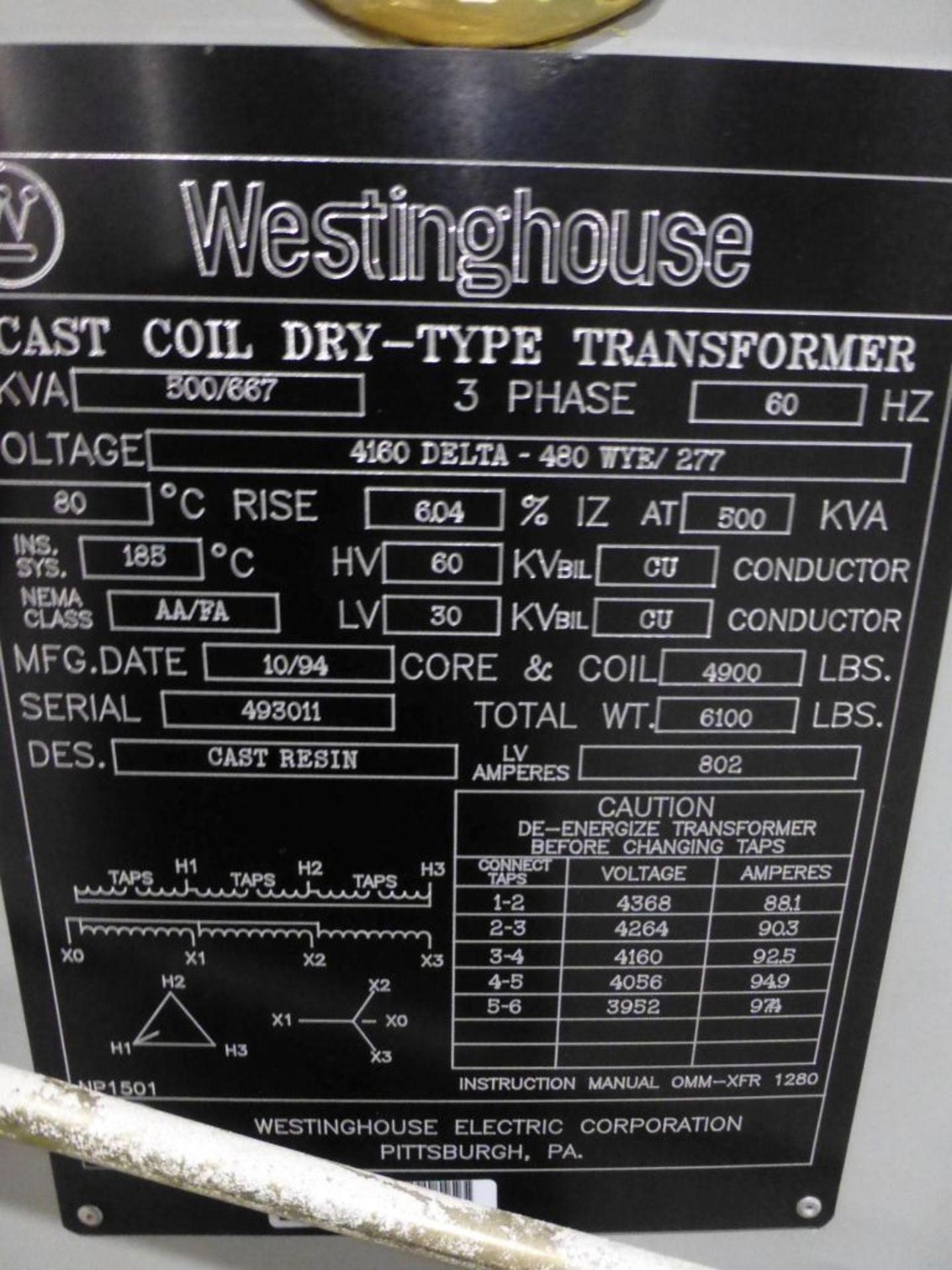 Westinghouse Cast Coil Dry Type Transformer | 500/667 KVA, High Voltage: 60 KV biL Cu Conductor, Low - Image 9 of 16