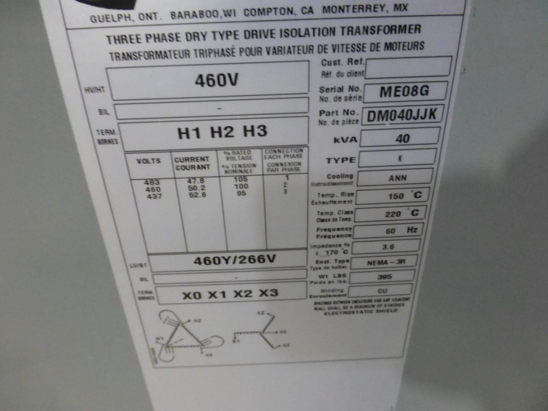 Hammond Power Solutions Inc Dry Type Drive Isolation Transformer | Part No. DM040JJK; Type: K; 40 - Image 4 of 4