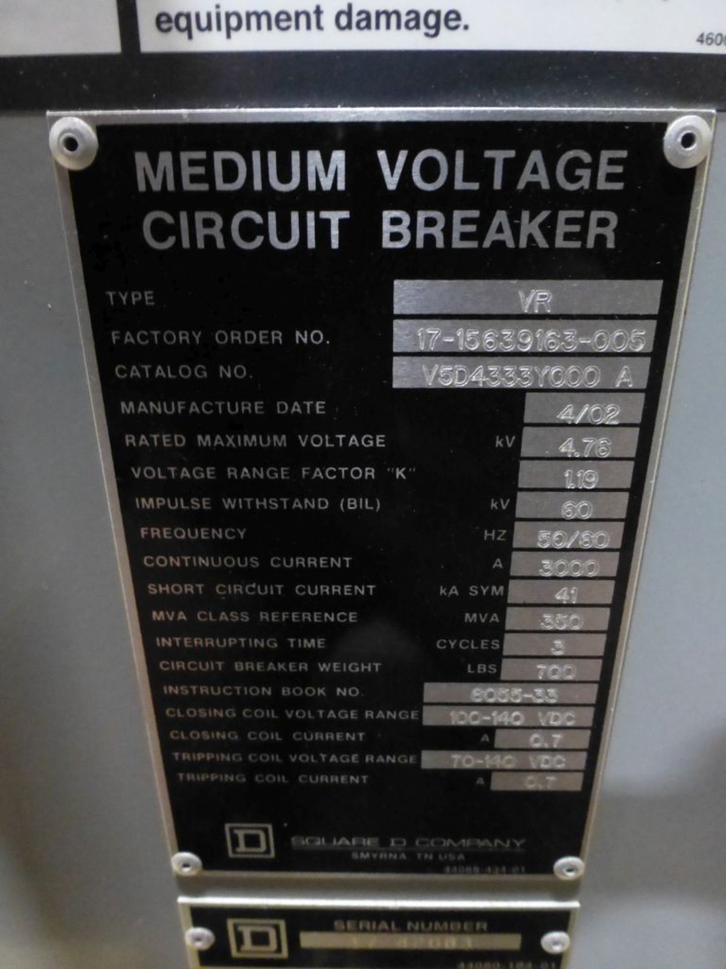 Square D Medium Voltage Circuit Breaker | Cat No. V5D4333Y000A; Type: VR; 100-140V; Continuous - Image 9 of 9