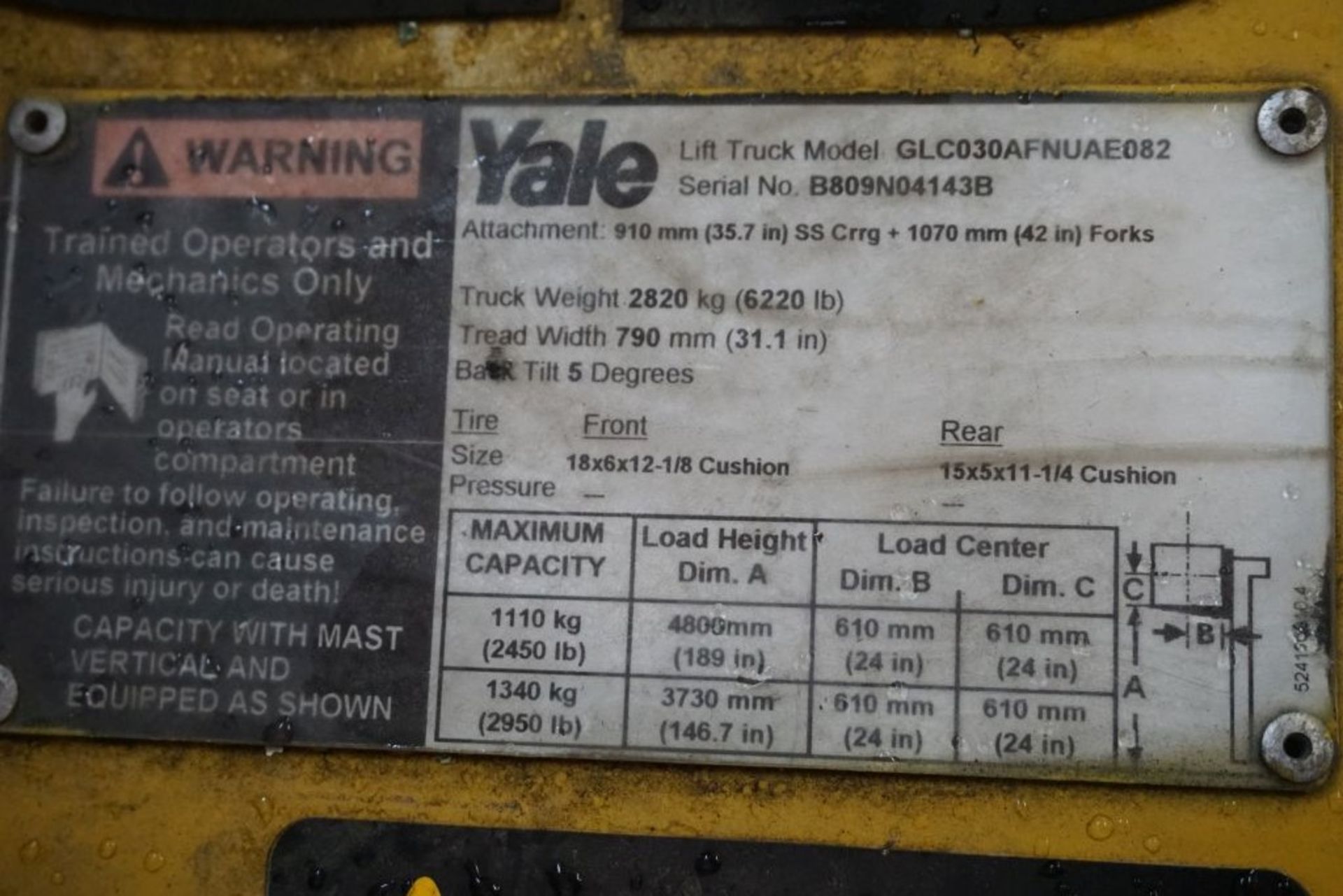 Yale Forklift Truck w/Hydraulic Sliding Forks | DELAYED REMOVAL; Model No. GLC030AFNVAE082; Weight - Image 16 of 23