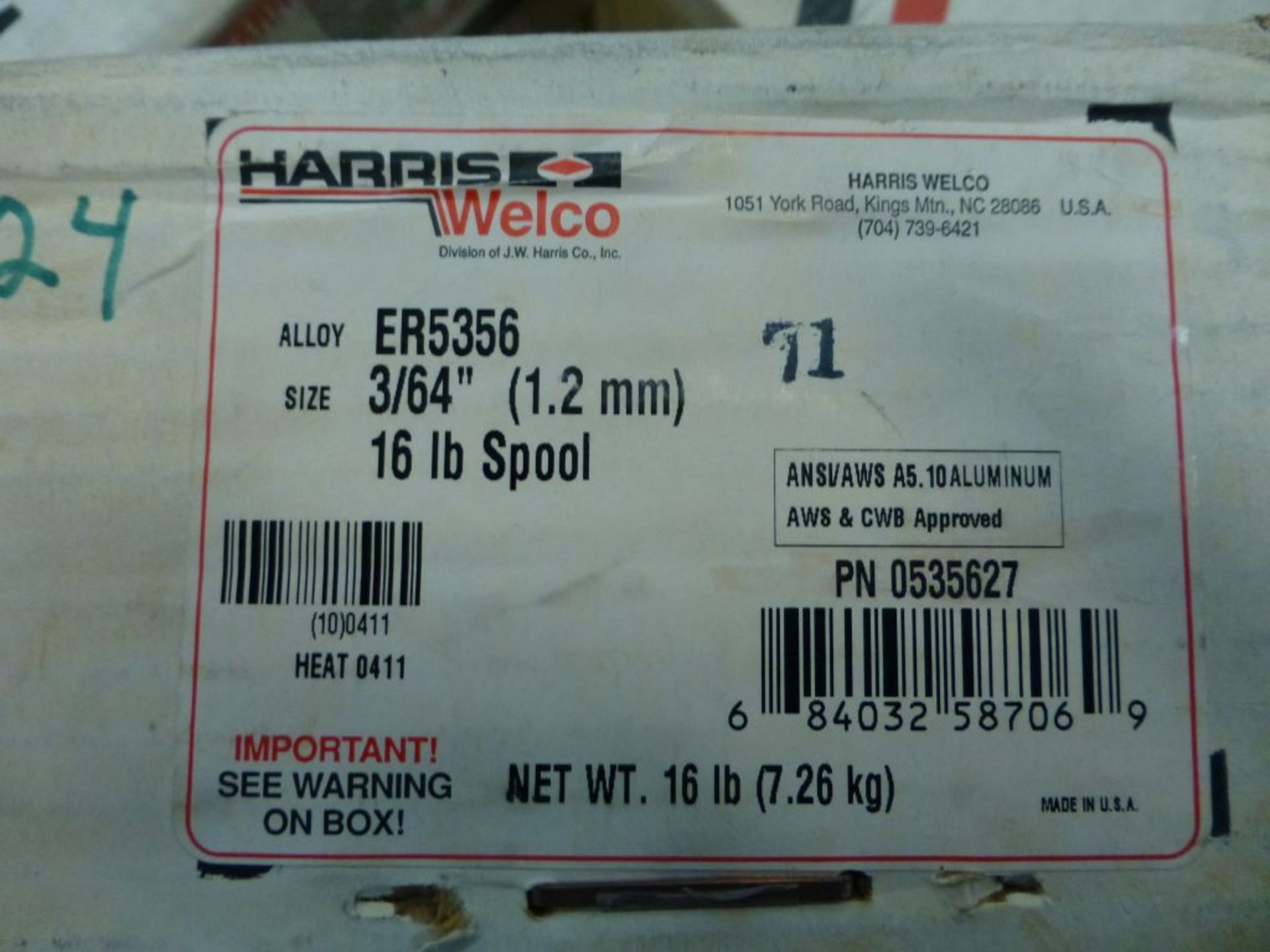 Lot of (9) Spools JW Harris Co. Aluminum MIG Welding Wire | Part No. 0535627 - 3/64"; 16 lb Spool; - Image 4 of 4