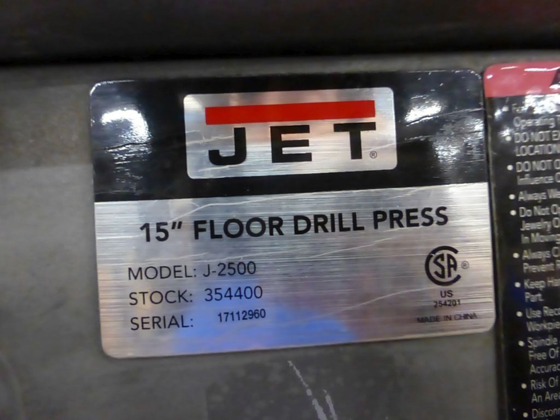 Jet 15" Floor Drill Press | Model No. J-2500; Stock No. 354400; 115/230V; 1PH - Image 6 of 10
