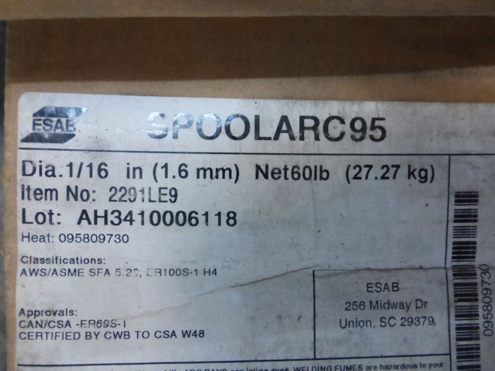 Lot of (6) Boxes of ESAB Spool Arc 95 Welding Wire | (3) Boxes, No. 229ILE9, Diameter: 1/16"; (3) - Image 11 of 13