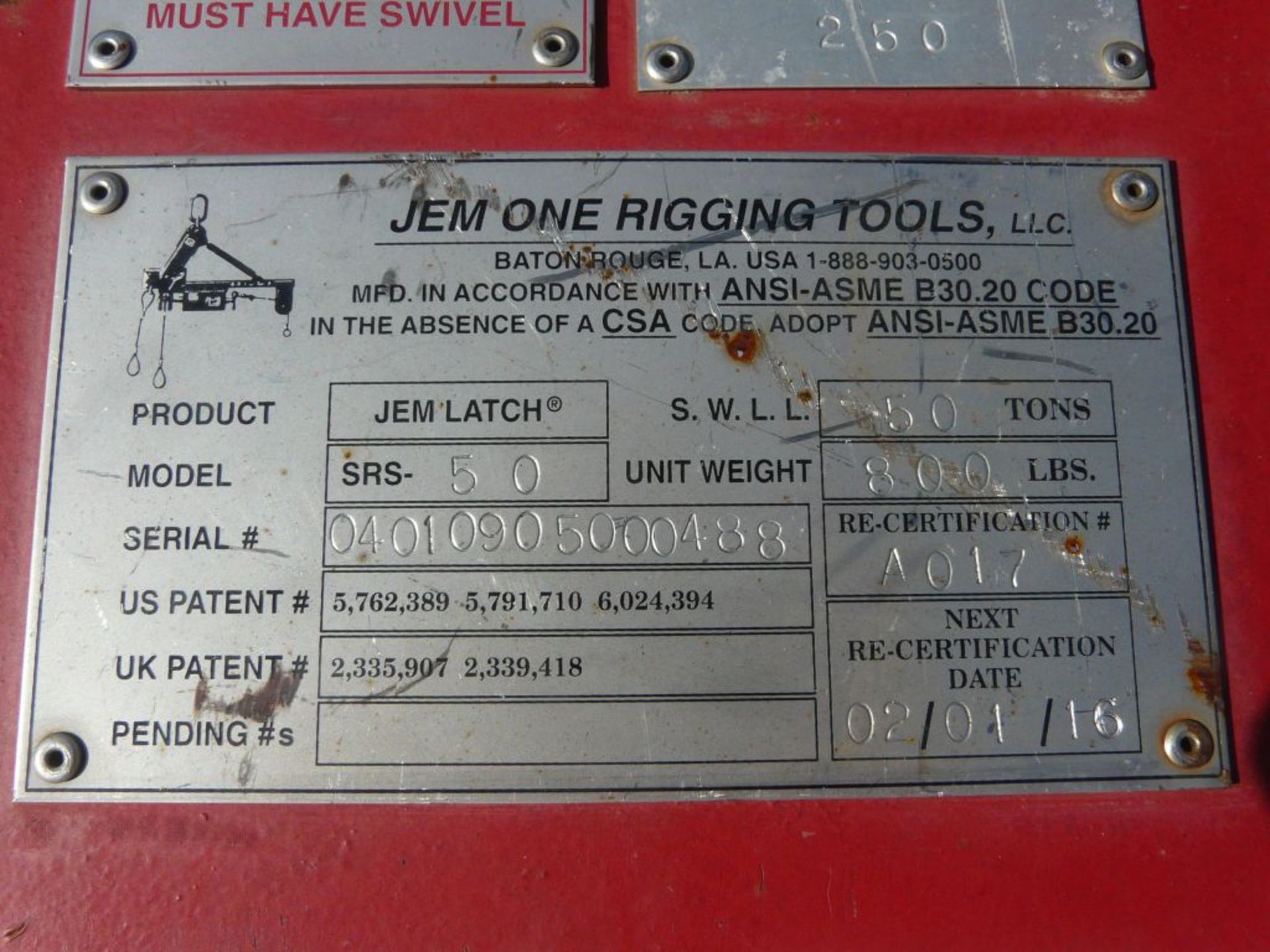 JEM One 50 Ton Rigging Latch | Model No. SRS-50; 800 lbs - Image 3 of 4