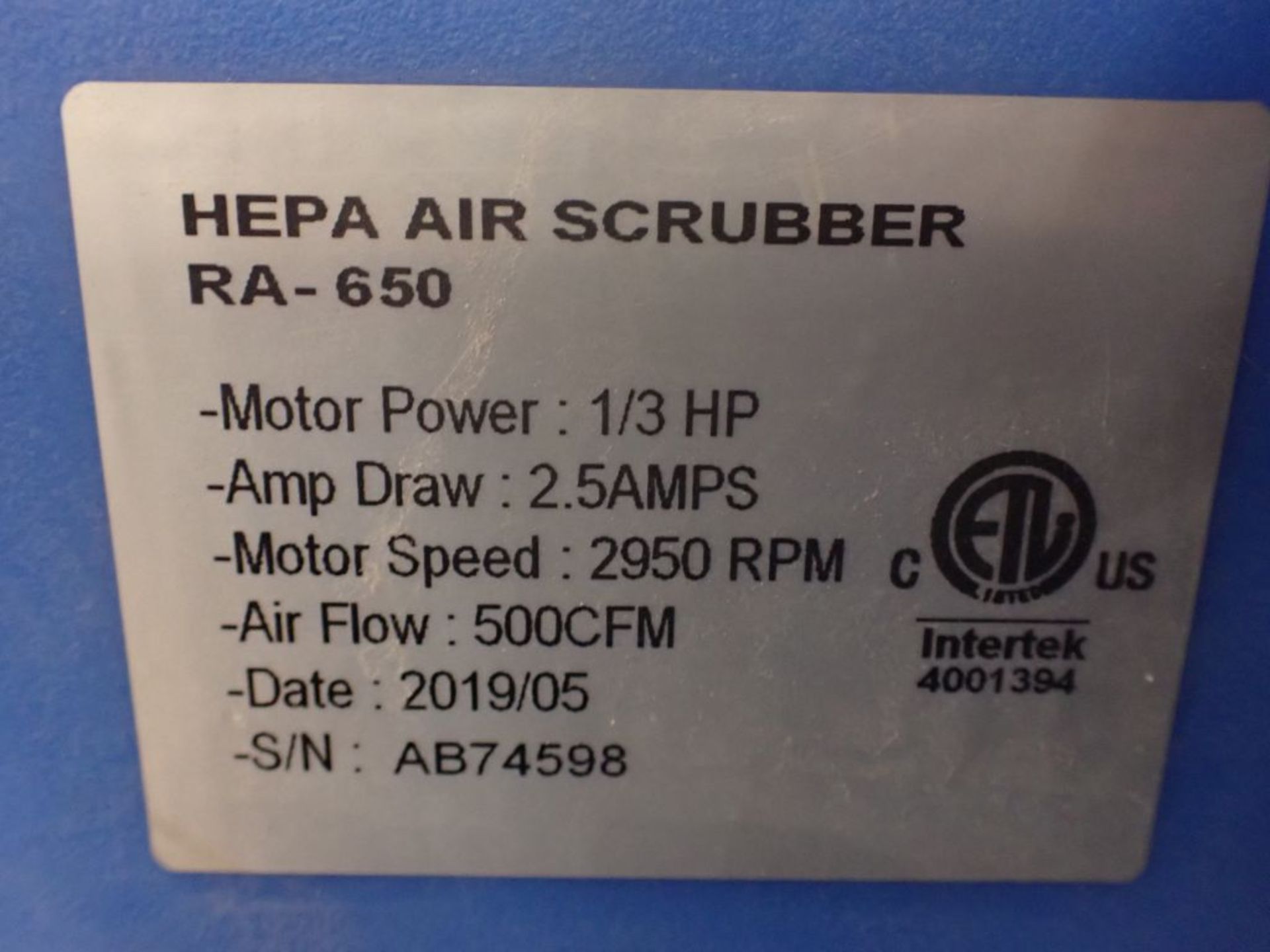 Hepa Air Scrubber | Part No. RA-650; 1/3 HP; 2.5A; 2950 RPM - Image 6 of 6