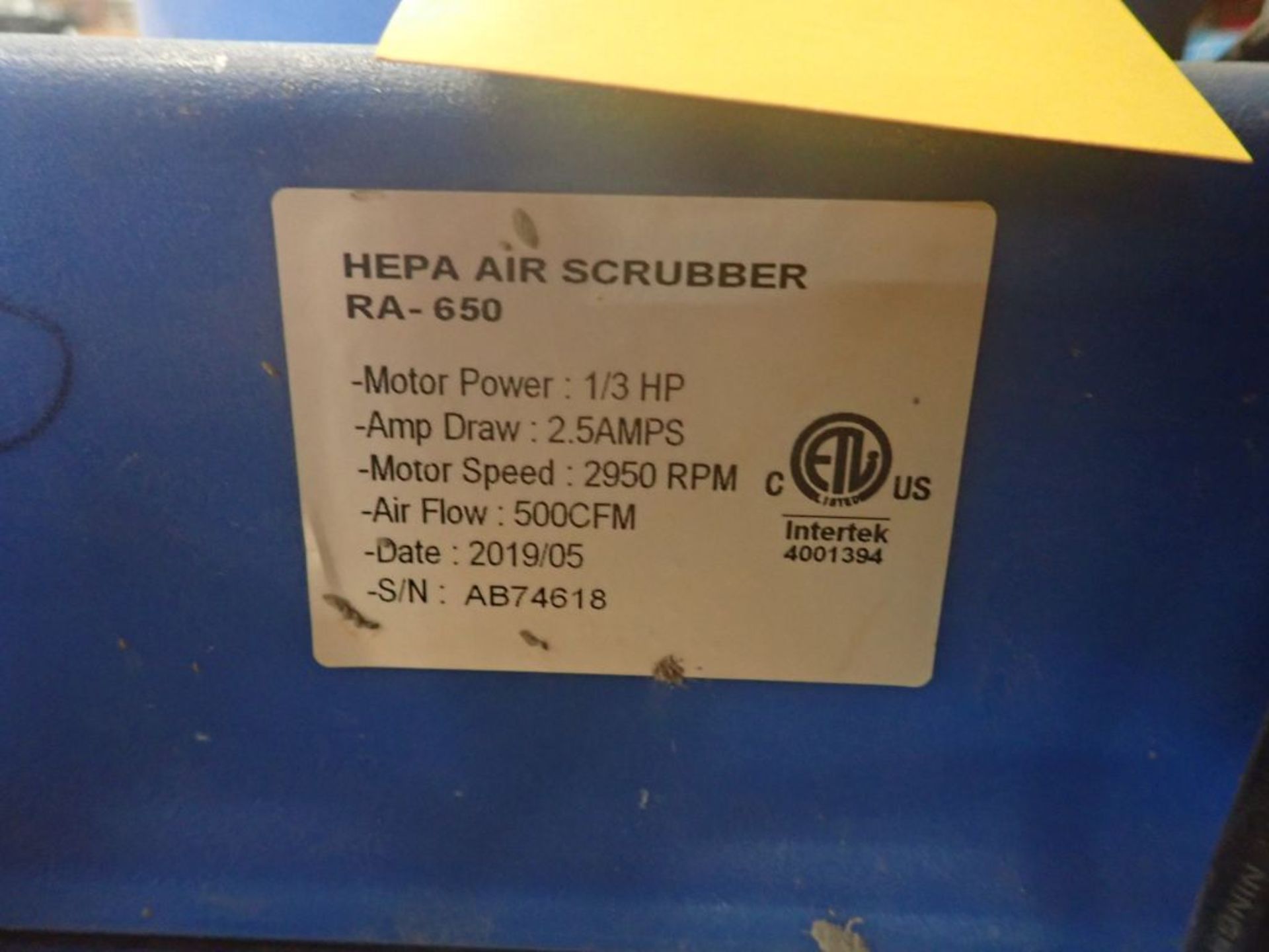 Hepa Air Scrubber | Part No. RA-650; 1/3 HP; 2.5A; 2950 RPM - Image 7 of 7