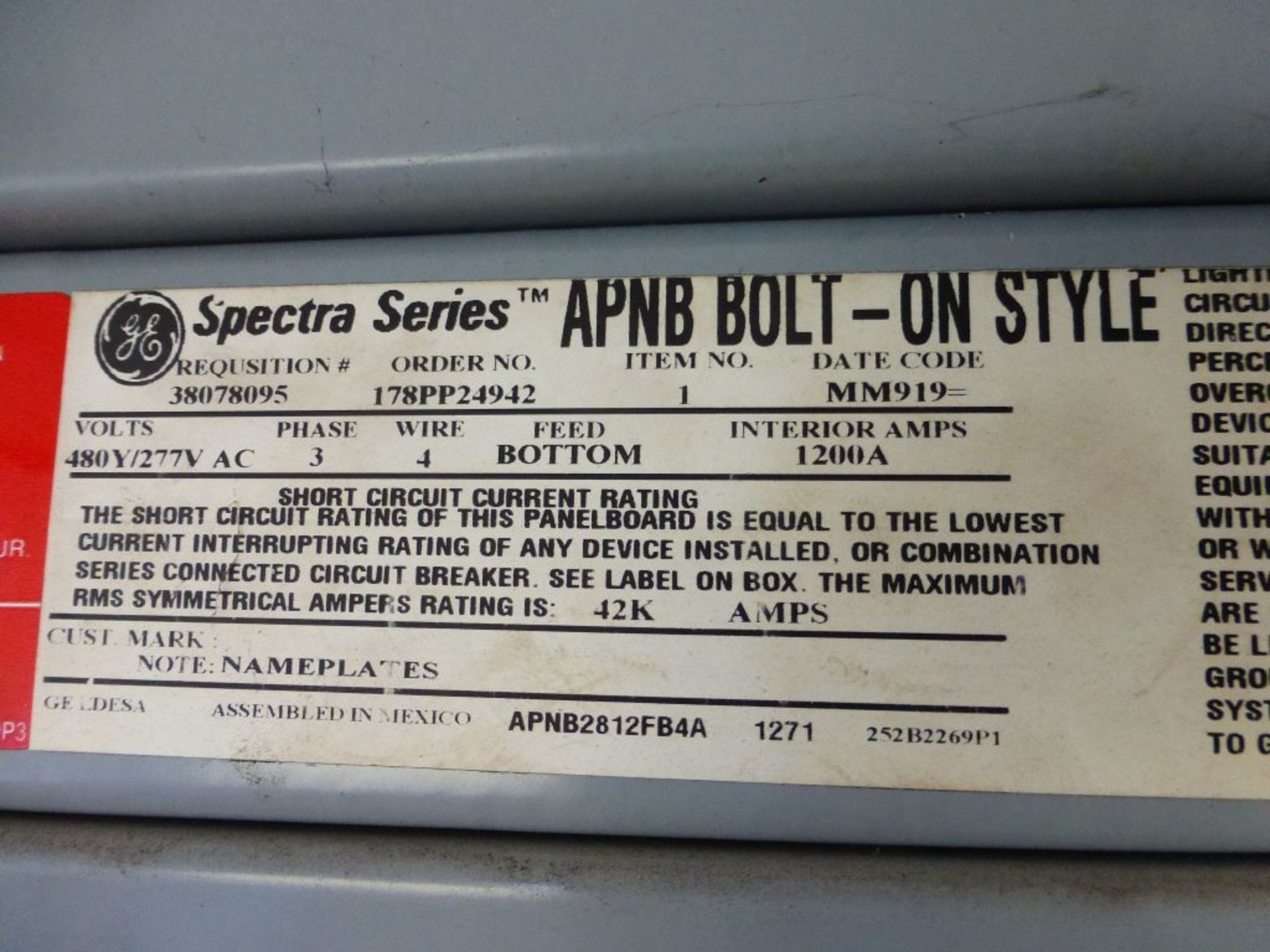 GE Spectra Series Panelboard | Circuit Breakers Include:; (1) 1200A; (3) 100A; (1) 25A; (3) 600A; ( - Image 2 of 13