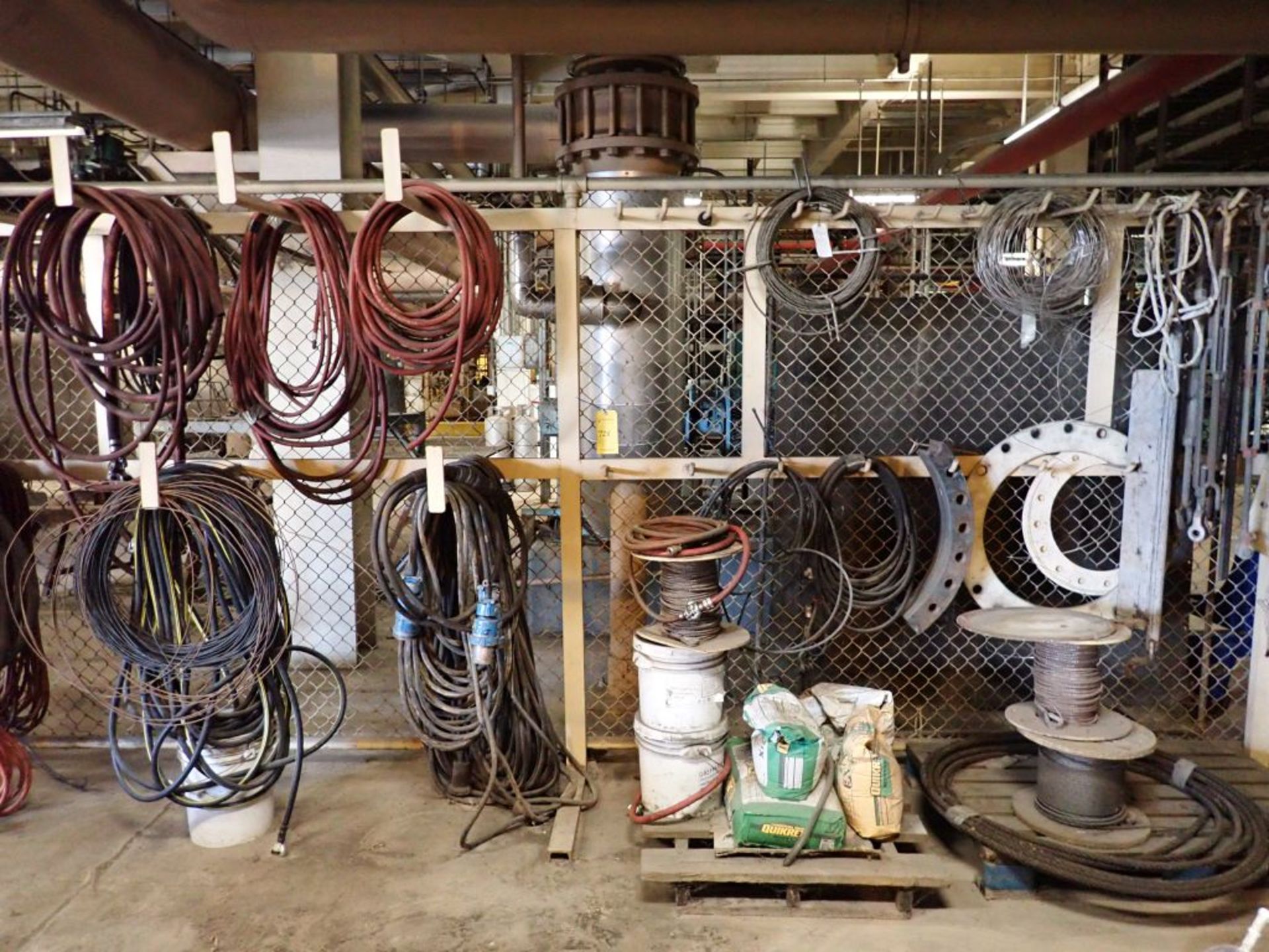 Lot of Assorted Hanging Components | Includes:; Hose; Steel Lifting Cable; Rope
