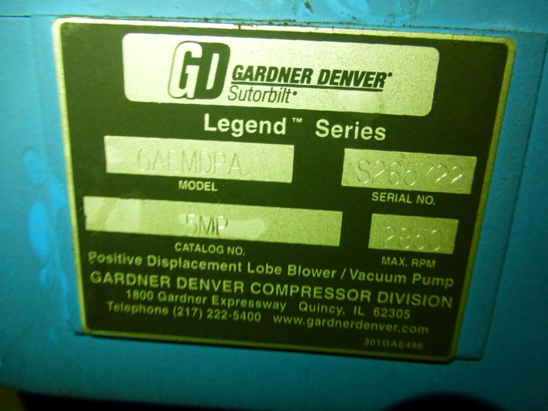 Enclosed Gardner Denver Sutorbuilt Vacuum Pump | Model No. GAEMDPA; Cat No. 5MP; 2850 RPM - Image 5 of 11