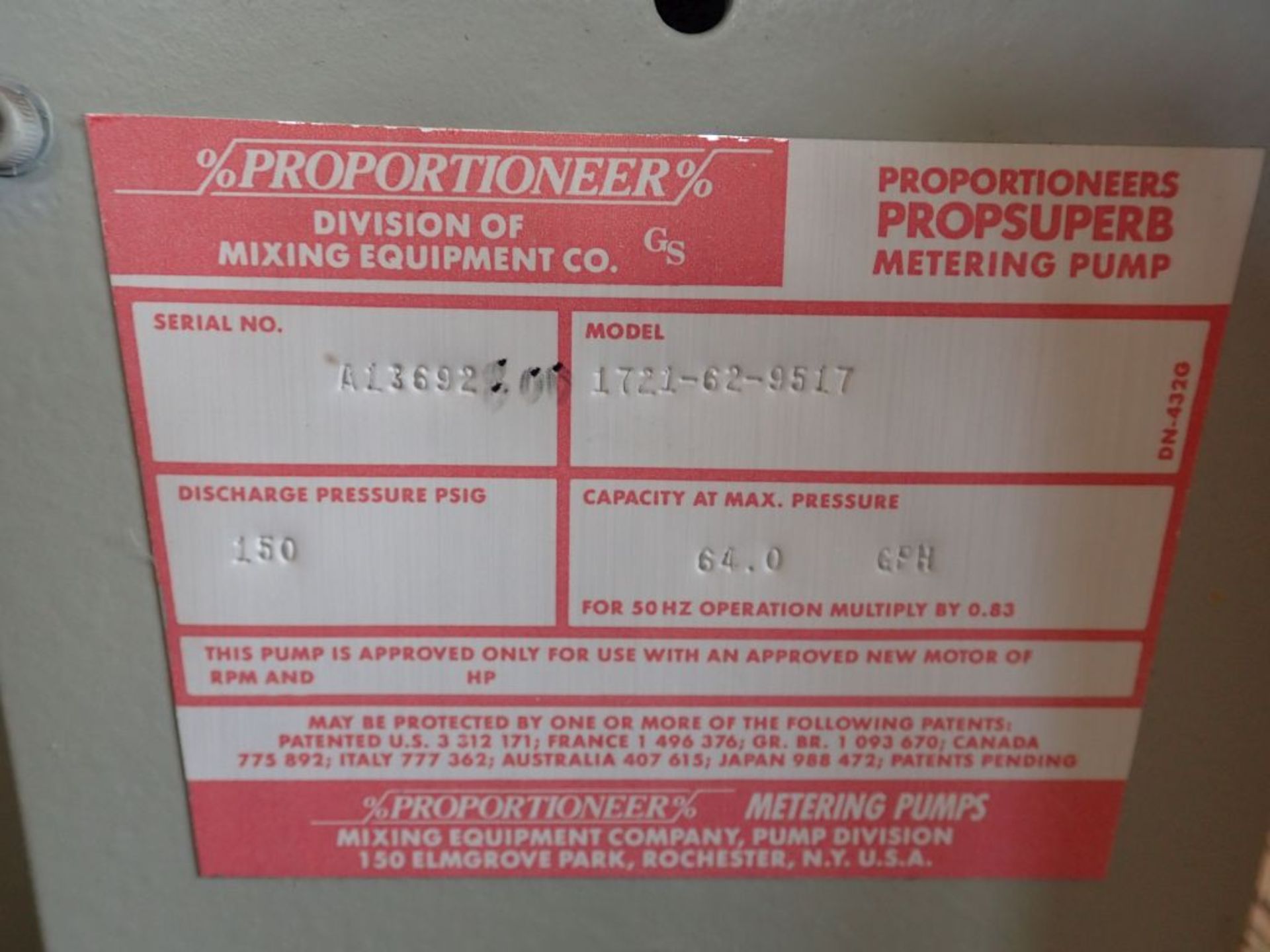 Lot of (1) Pump and (1) Motor | (1) Proporitoreers Propsuperb Metering Pump, Model No. 1721-62-9517; - Image 5 of 10