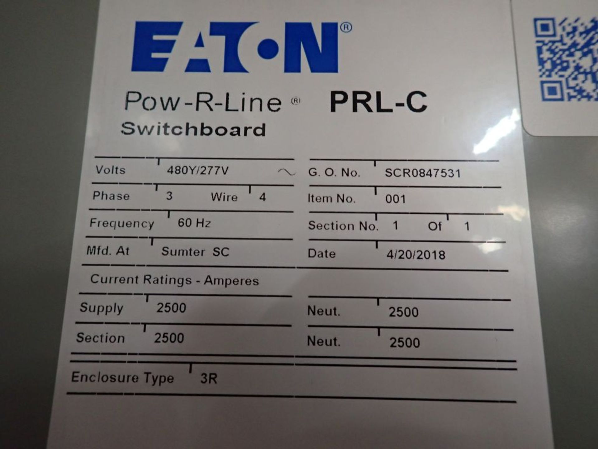 Eaton Pow-R-Line Switchboard | PRL-C; 480V; 3 PH; (1) Pringle Bolted Pressure Switch, 2500A, Cat No. - Image 13 of 13