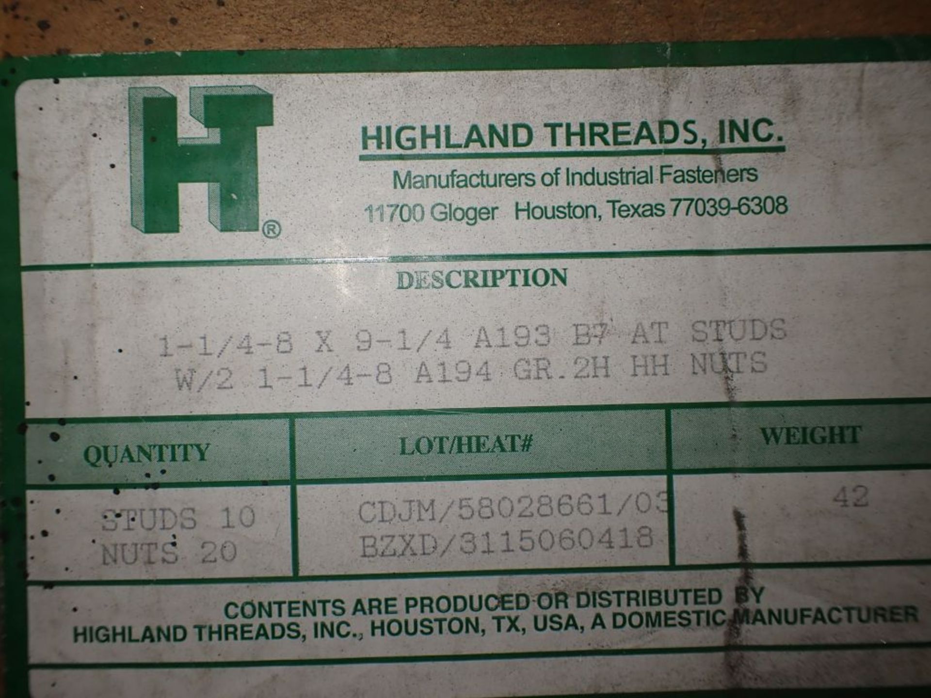 Lot of (10) Boxes of Highland Threads Bolt Studs - 1-1/4" x 8-3/4" - Image 6 of 11