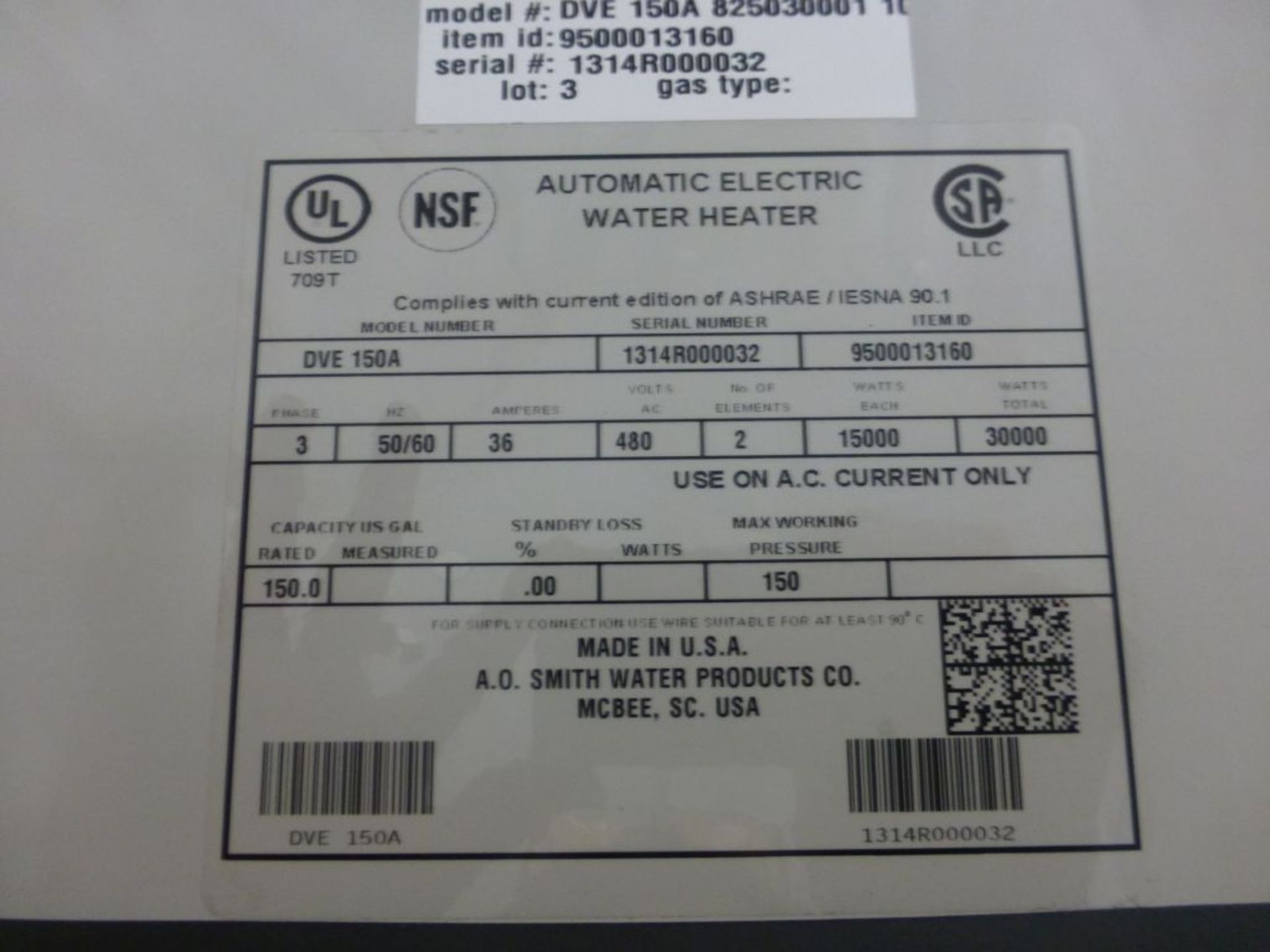 AO Smith Automatic Electric Hot Water Heater - Model No. DVE 150A; Part No. 9500013160; 480V; 150 - Image 2 of 2