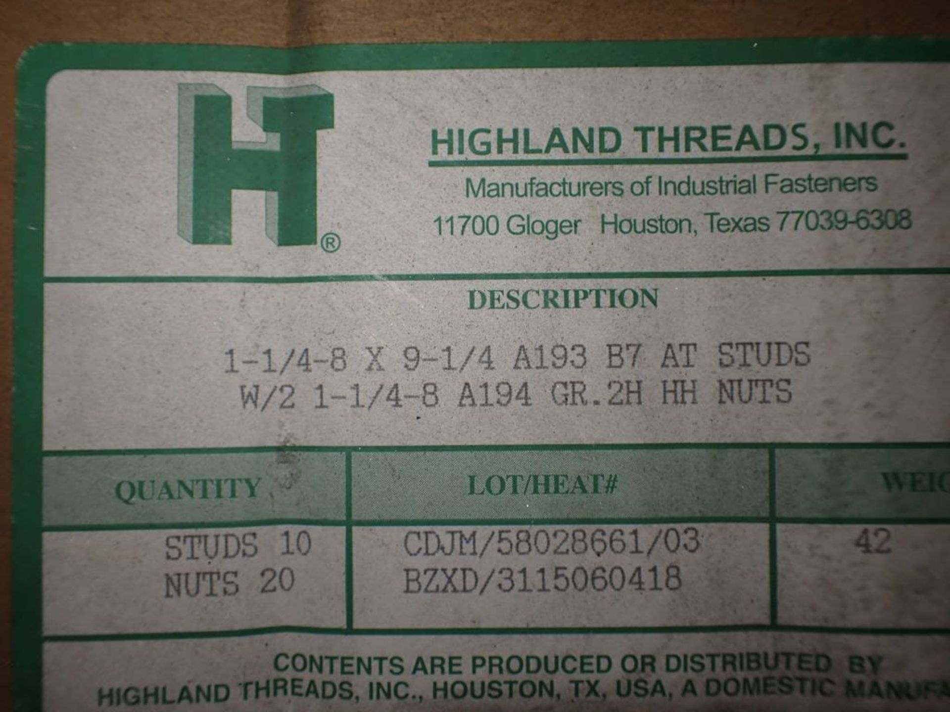 Lot of (10) Boxes of Highland Threads Bolt Studs - 1-1/4" x 8-3/4" - Image 9 of 11