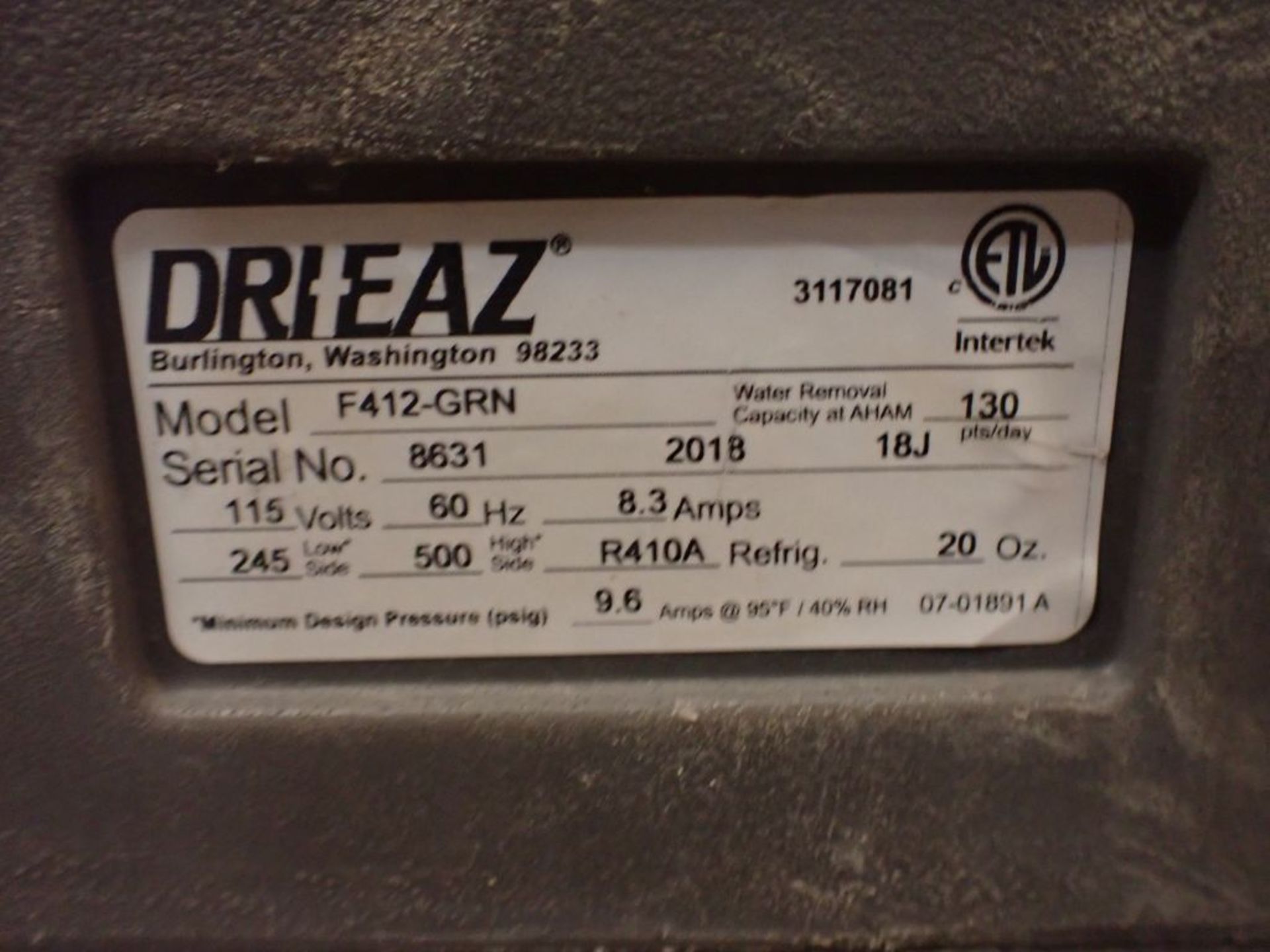 Dri-Eaz Dehumidifier - Serial No. 8631; Model No. F412-GRN; 8.3A; 115V; Tag: 214875 - Image 9 of 9