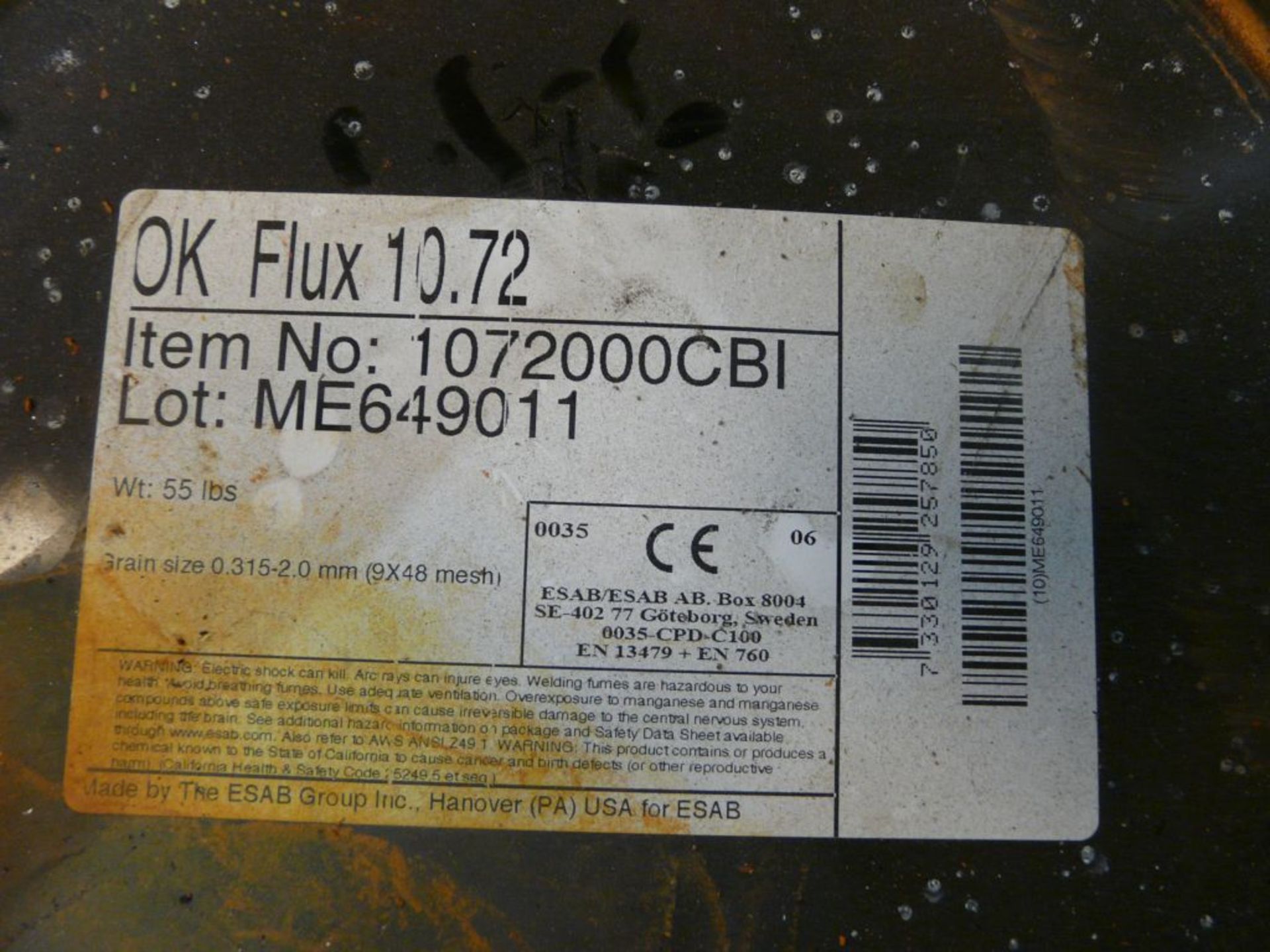 Lot of (36) Drums of ESAB Flux 10.72 - Part No. 1072000CBI; 55 lbs Each; Tag: 214962 - Image 3 of 4