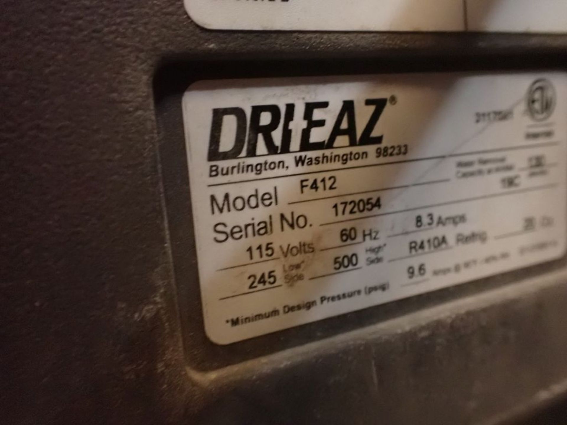 Dri-Eaz Dehumidifier - Serial No. 172054; Model No. F412; 8.3A; 115V; Tag: 214874 - Image 6 of 6