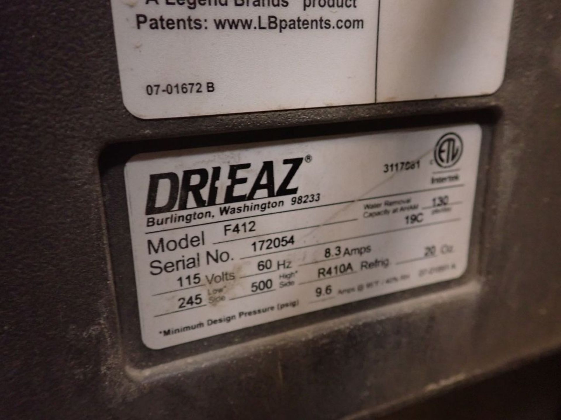 Dri-Eaz Dehumidifier - Serial No. 172054; Model No. F412; 8.3A; 115V; Tag: 214874 - Image 5 of 6
