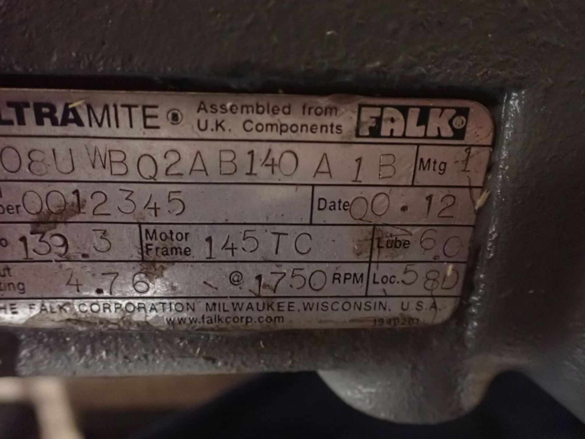 Falk Ultramite Gear Drive - Serial No. 0012345; Model No. 08UWB02AB140 A 1B; 139.3 Ratio; Tag: - Image 12 of 12