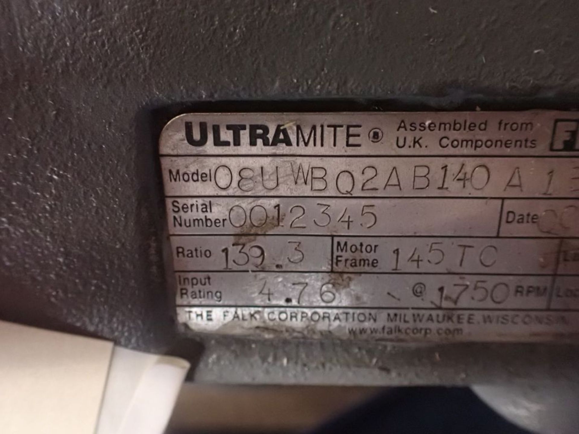 Falk Ultramite Gear Drive - Serial No. 0012345; Model No. 08UWB02AB140 A 1B; 139.3 Ratio; Tag: - Image 11 of 12