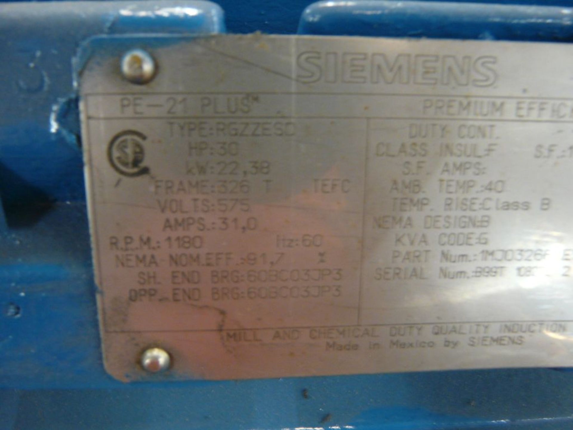 Siemens 30 HP Motor - Part No. 1MJ03266XE51A; Type: RGZZESC; 30 HP; 575V; 1180 RPM; Frame: 326T; - Image 6 of 8