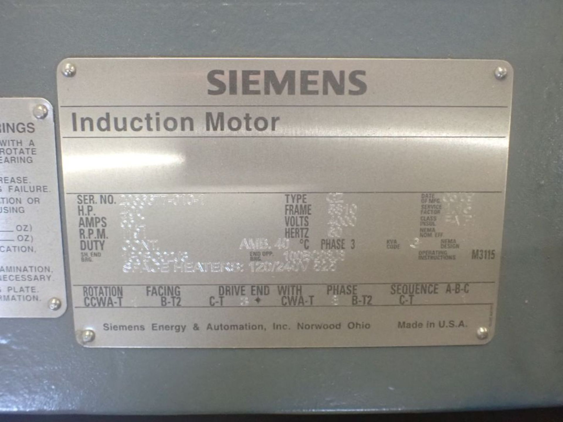 Siemens 400 HP Induction Motor - Serial No. 2056677-010-1; Type: CZ; 400 HP; 4000V; 1191 RPM; Frame: - Image 2 of 4