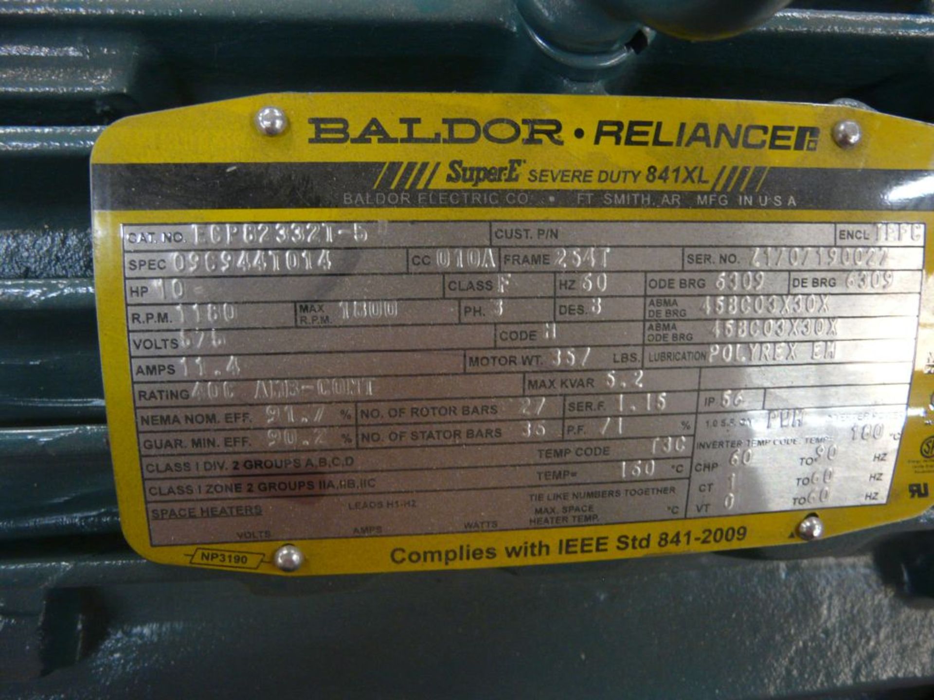 Baldor Reliance 10 HP Motor - Cat No. ECP82332T-5; 10 HP; 575V; 1180 RPM; Frame: 254T; 3PH; Tag: - Image 7 of 8