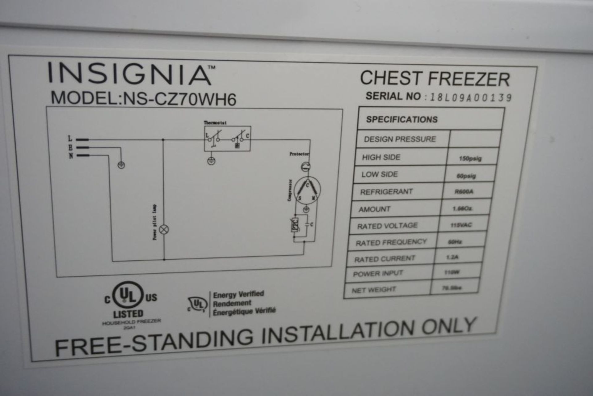 Insignia Freezer|Model No. NS-CZ70WHG; 115V; Tag: 221189 - Image 5 of 6